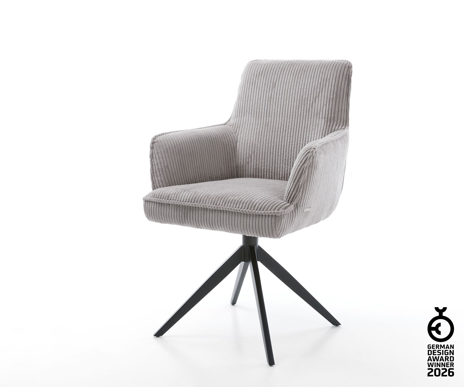 Drehstuhl Heira-Flex mit Armlehnen Cord Silbergrau Kreuzgestell breit Schwarz 360° drehbar Wippfunktion Taschenfederkern