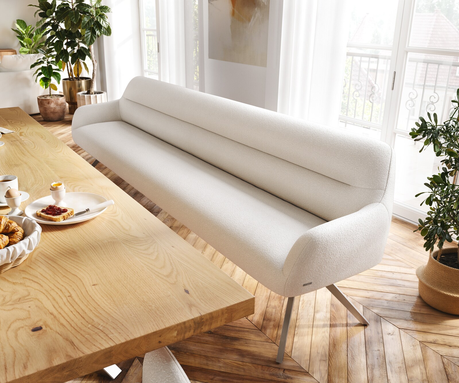 Esszimmerbank Taya-Flex 300 cm Bouclé Creme-Weiß Kreuzgestell kantig Edelstahl Taschenfederkern