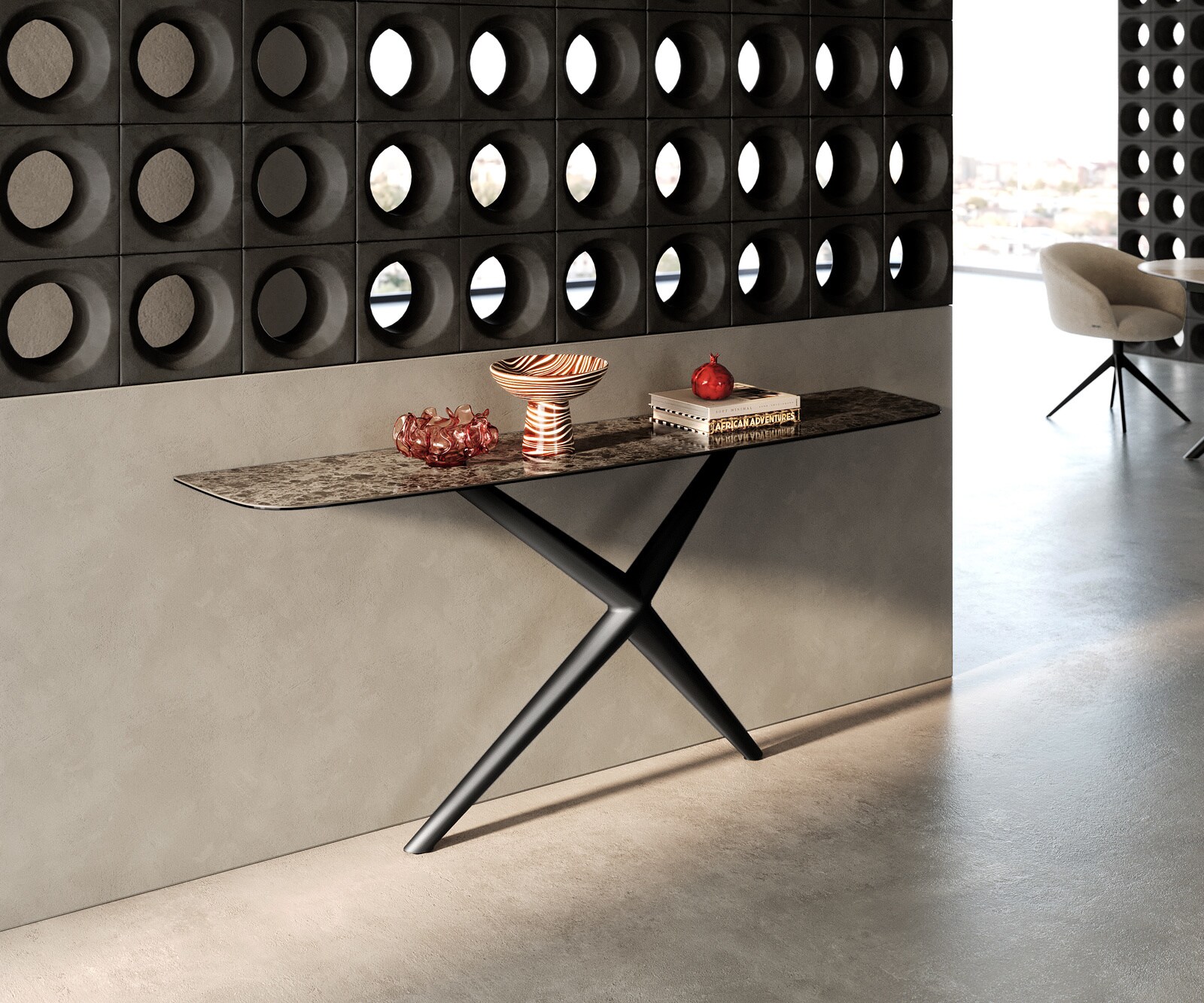 Console Edge forme bateau 180x40 cm Céramique Emperador Extra Lucidato Dunkelbraun Estelo Métal Noir 3