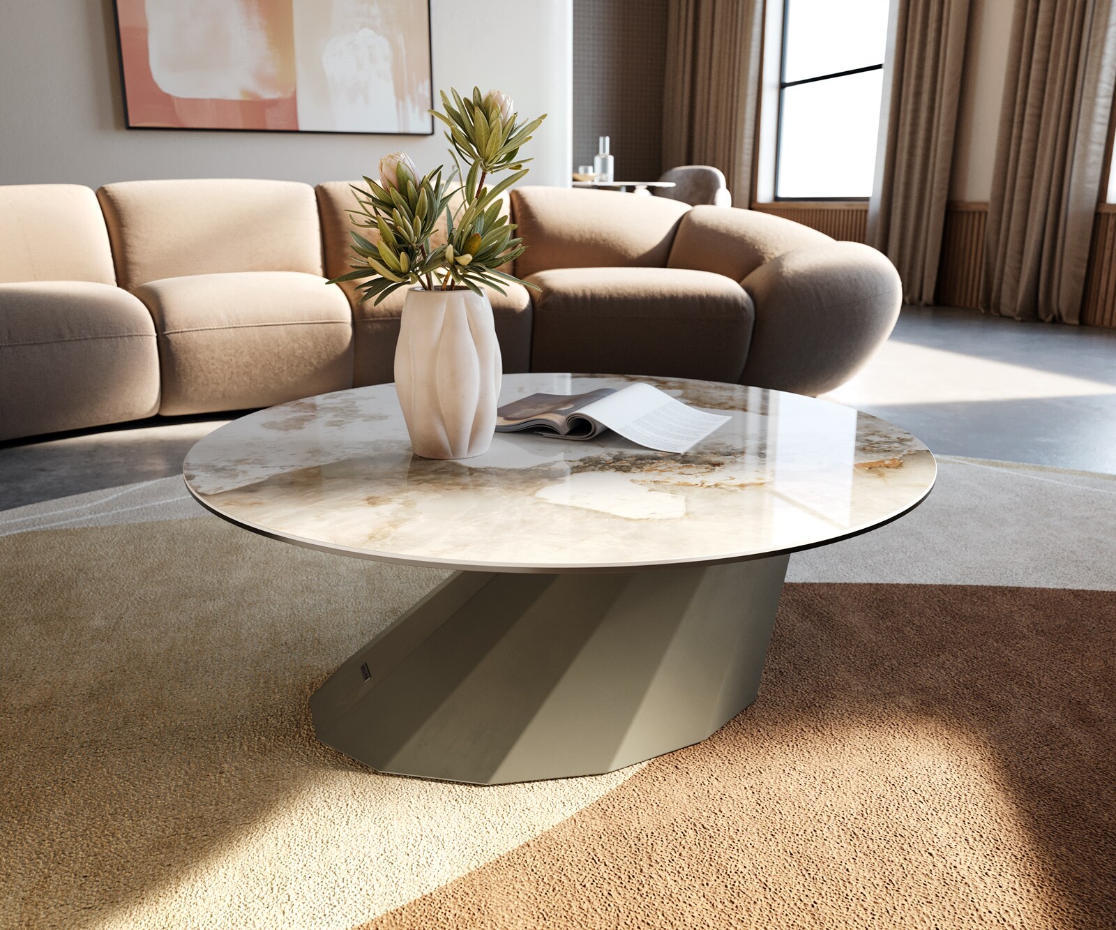 Couchtisch Edge Rund 90x90 cm Keramik Minas Melange Parabi Metall Effektfinish Titan 1