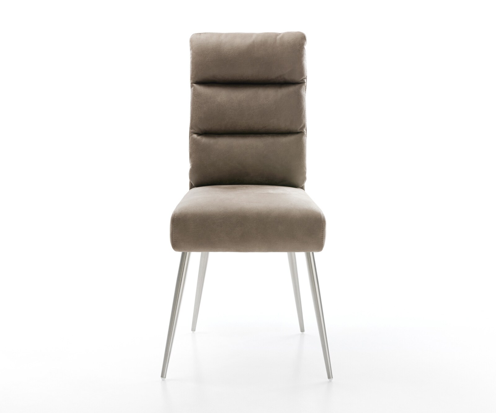 Chaise-de-salle-à-manger Pela-Flex microvelours taupe vintage 4 pieds coniques acier inoxydable brossé ressorts ensachés 2