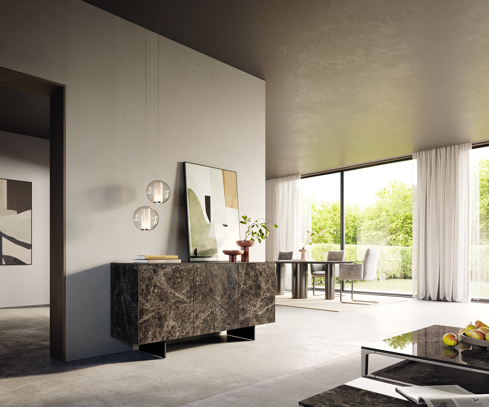 Sideboard Cuor 150 cm Keramik Laminam® Emperador Extra Lucidato Dunkelbraun 3 Türen Fuß Schwebeoptik Metall Schwarz 6
