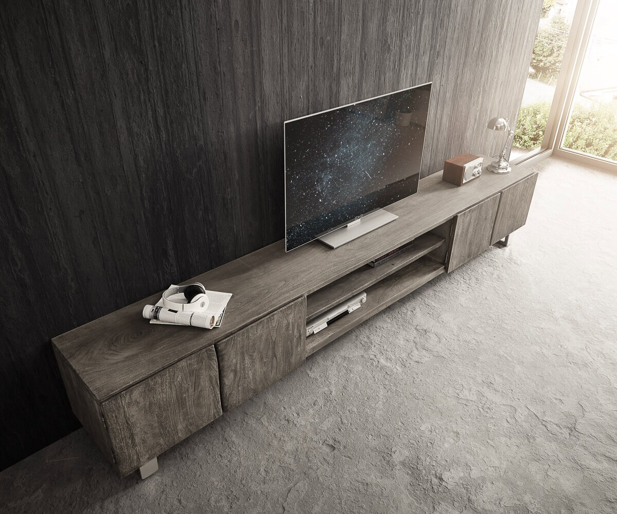 Meuble-TV Live-Edge 300 cm acacia platine 4 portes 2 compartiments 4