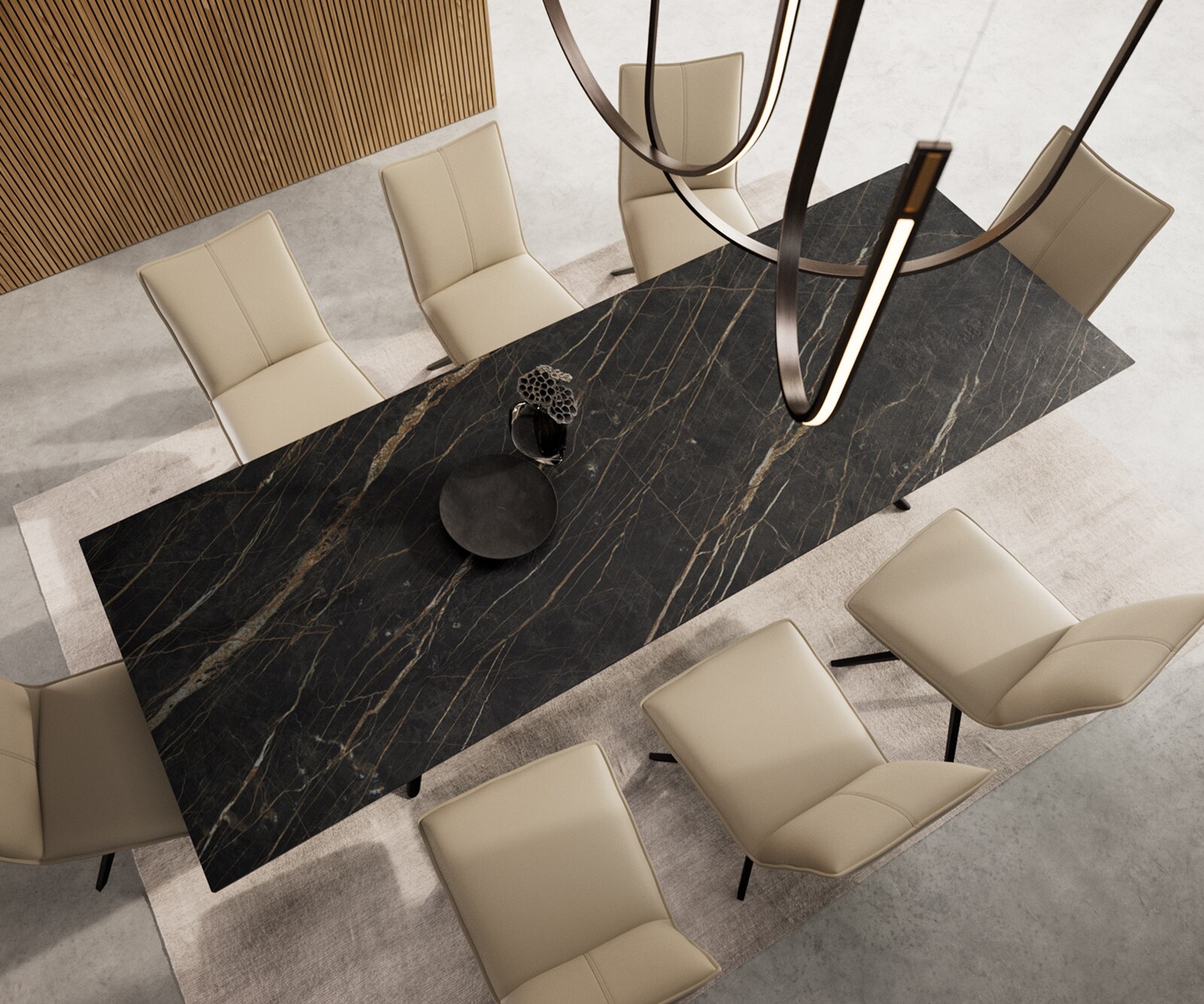 Esstisch Edge 300x100 Keramik Laminam®Noir Desir Braun Estelar rund Metall Schwarz 5