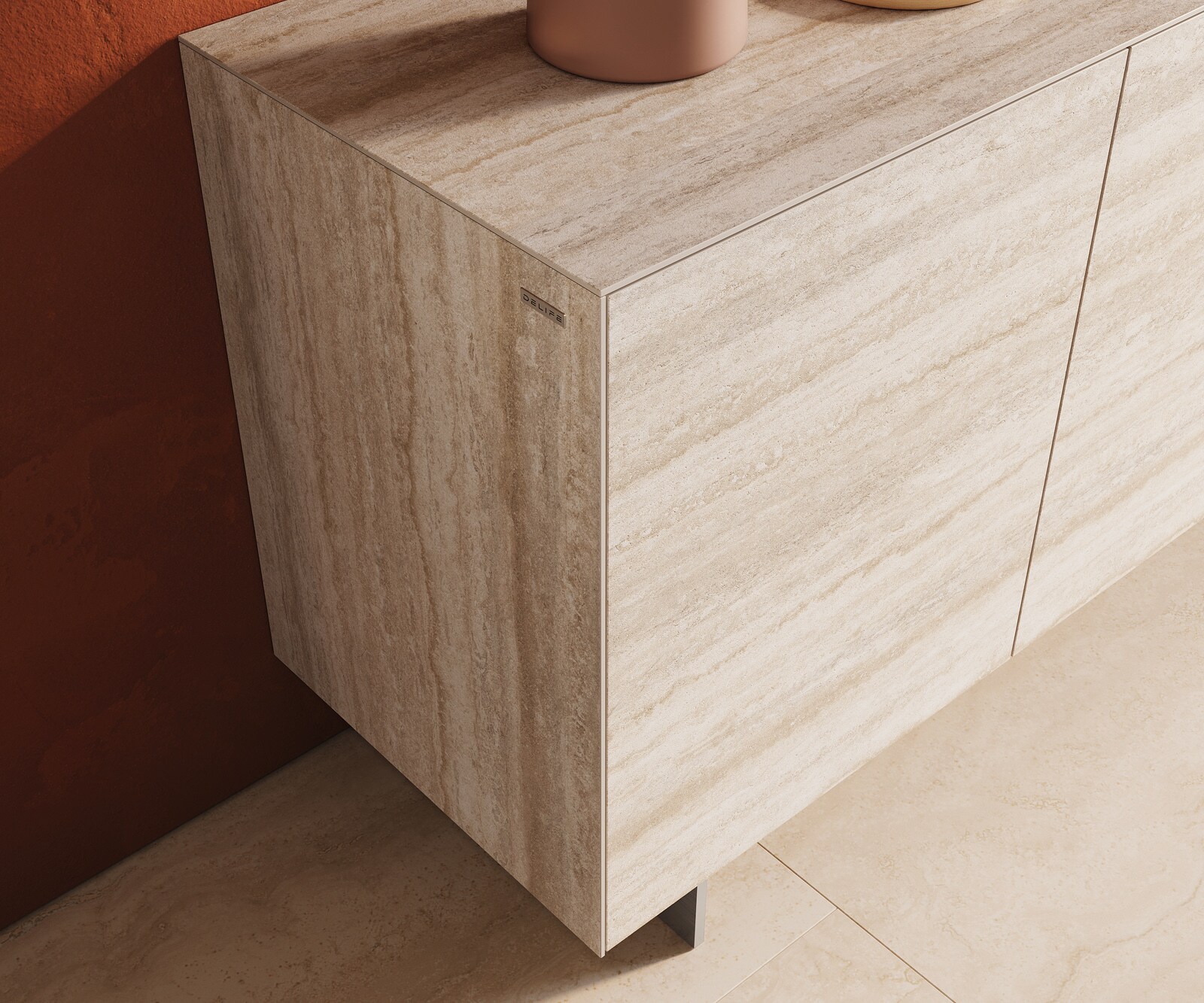 Buffet Cuor 150 cm Céramique Laminam® Travertino Bianco Crème-blanc 3 Portes Pied optique flottant Ancier inoxydable 6