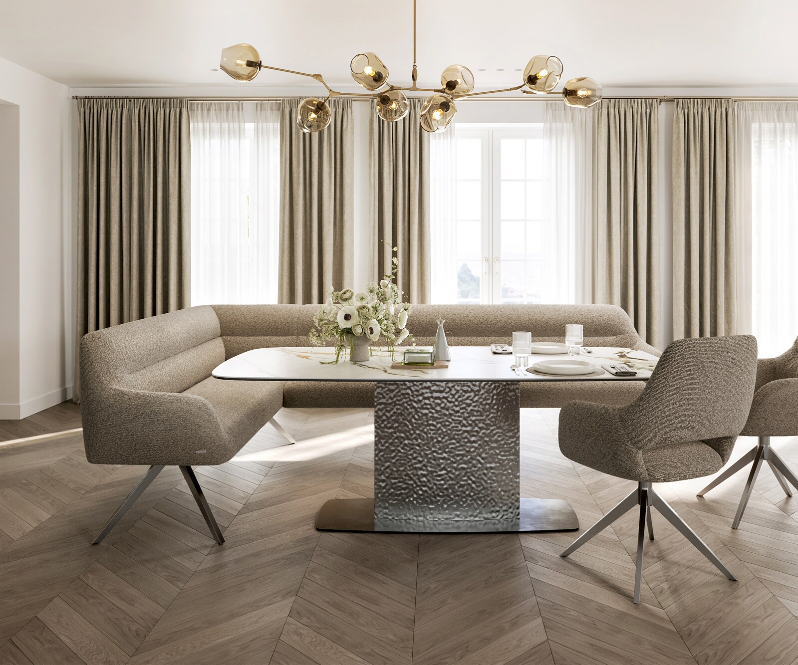 Esszimmerbank Taya-Flex 285x190 cm Bouclé Schlamm Kreuzgestell kantig Edelstahl Taschenfederkern Rechts 1