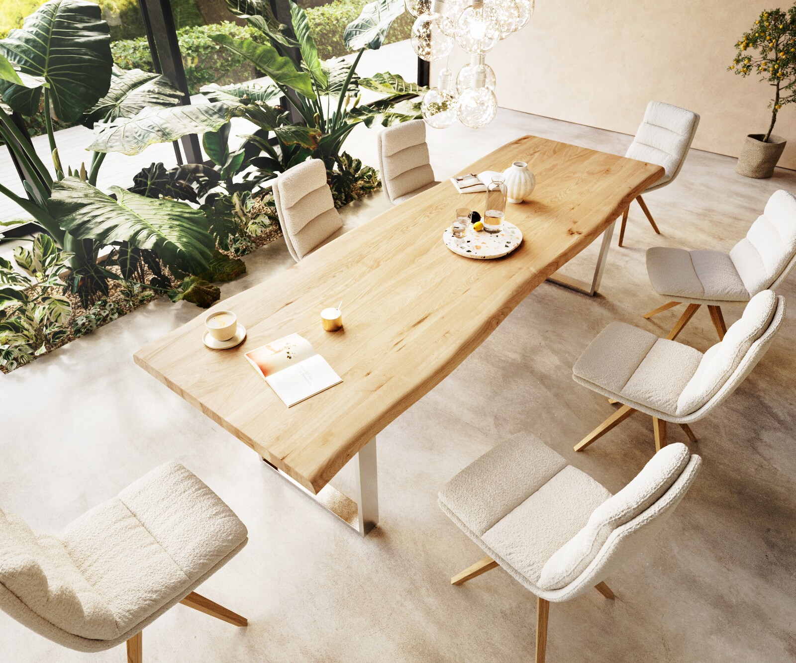 Table à manger Edge 300x100 chêne nature acier inoxydable mince Live-Edge 2