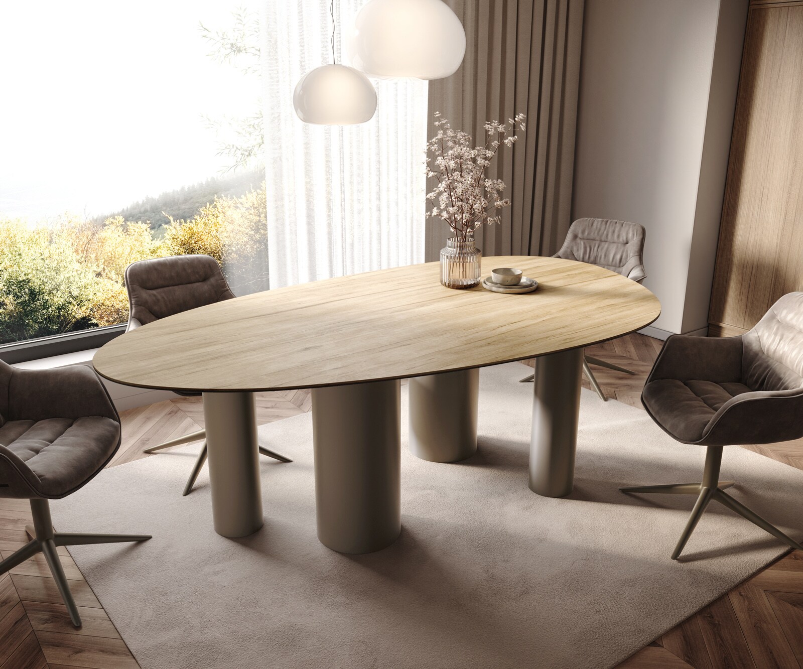 Esstisch Edge Oval 220x120 Keramik Laminam® Sabbia Eichefarbig Pilier Metall Effektfinish Titan 1