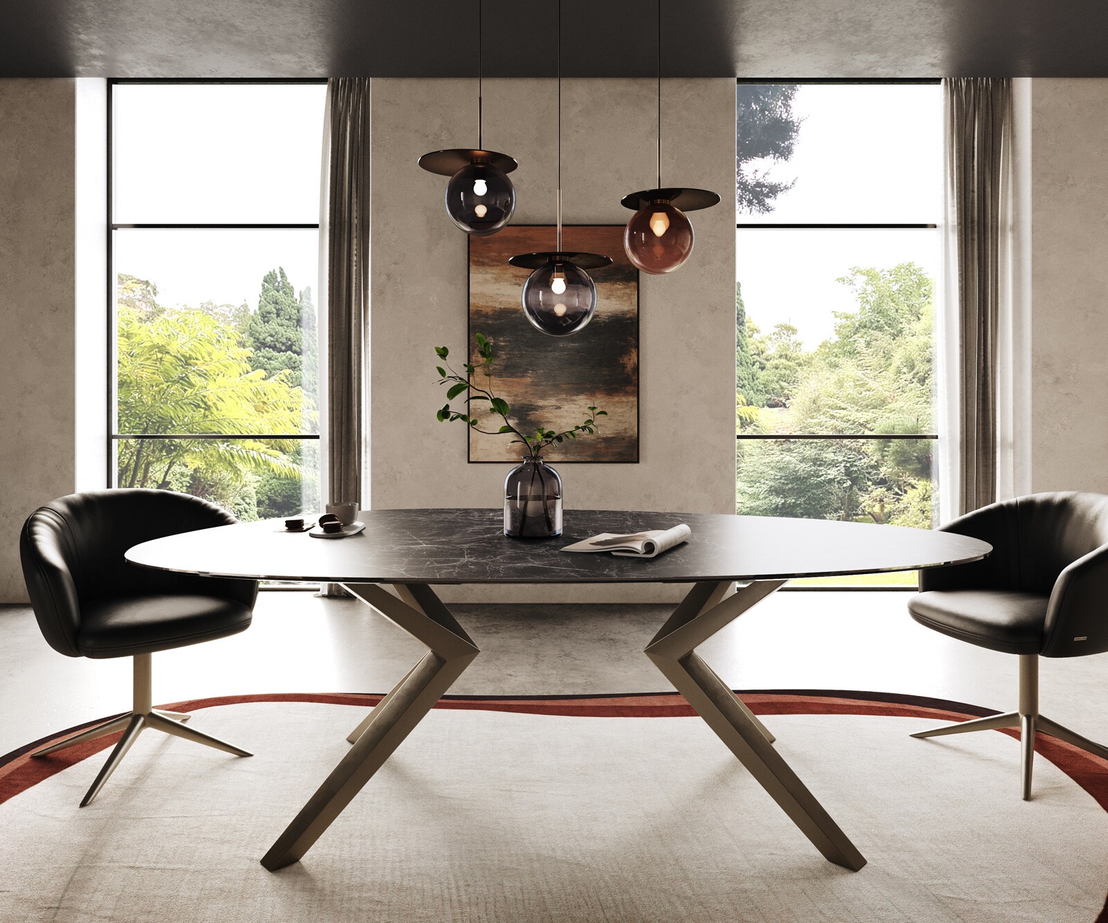 Esstisch Edge Oval 220x120 Keramik Laminam® Nero Greco Anthrazit Zenthara kantig Metall Effektfinish Titan 2