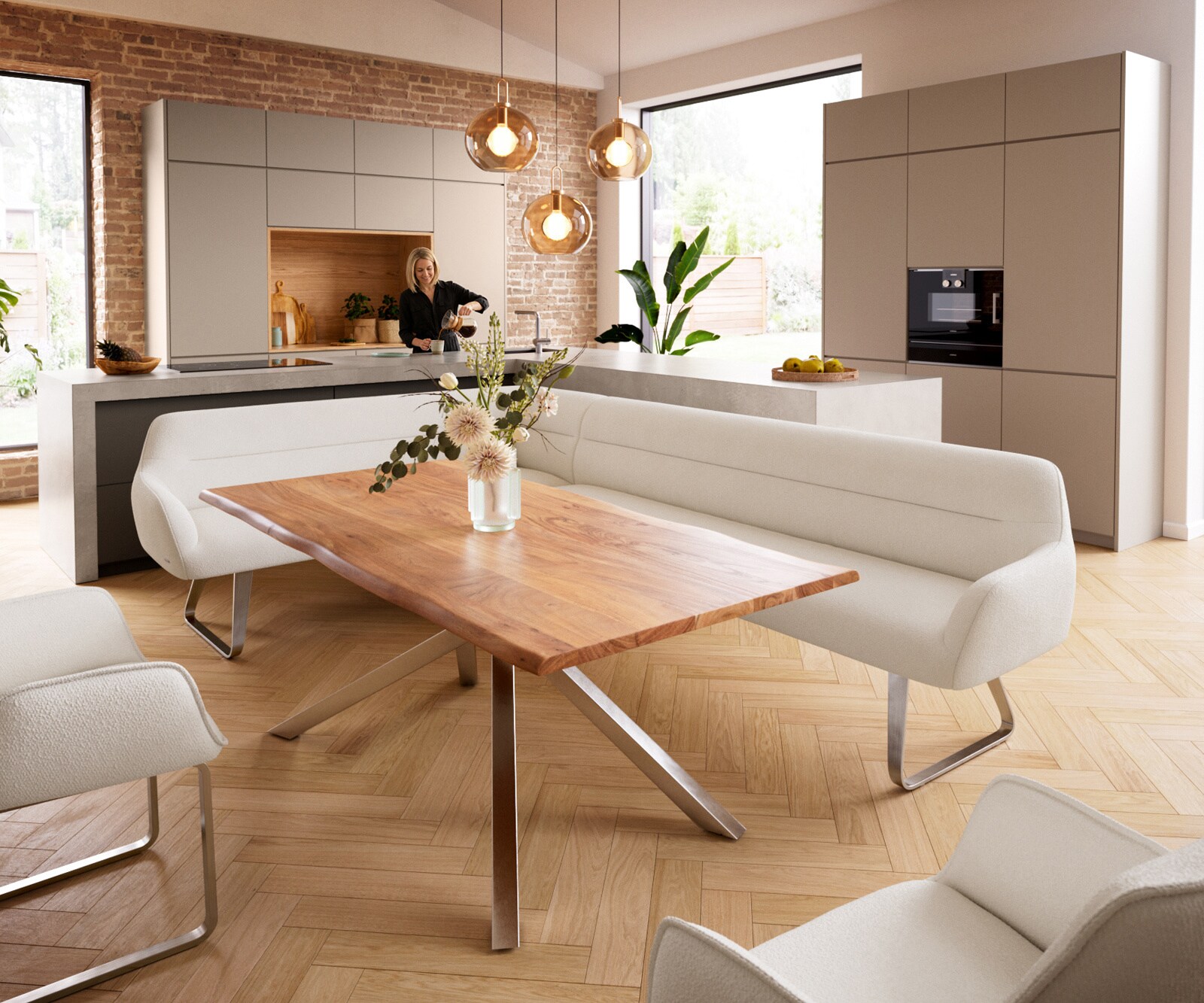 Banc-de-salle-à-manger Taya-Flex 285x190 cm bouclé crème-blanc châssis à patins plat acier inoxydable ressort ensaché à droite