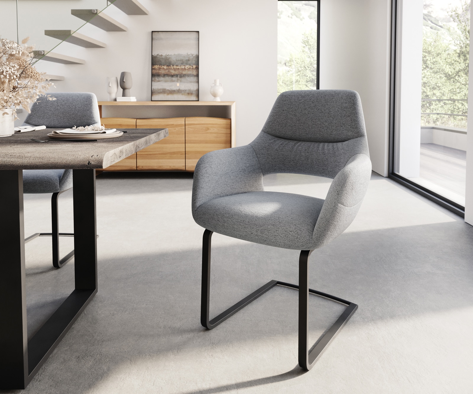 Freischwinger Yago-Flex mit Armlehnen Strukturstoff Hellgrau Freischwinger flach Schwarz Taschenfederkern Freischwinger Yago-Flex mit Armlehnen Strukturstoff Hellgrau Freischwinger flach Schwarz Taschenfederkern