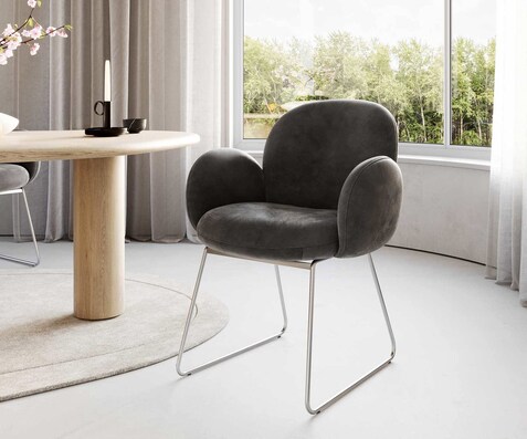 Chaise-de-salle-à-manger Nube-Flex avec accoudoirs microvelours anthracite vintage pied trapèze acier inoxydable brossé ressorts ensachés