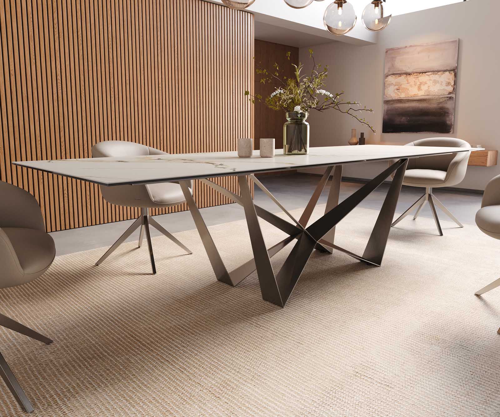 Table à manger Edge 300x100 céramique Calacatta Luxe blanc-doré-gris Spider acier plat acier inoxydable 7