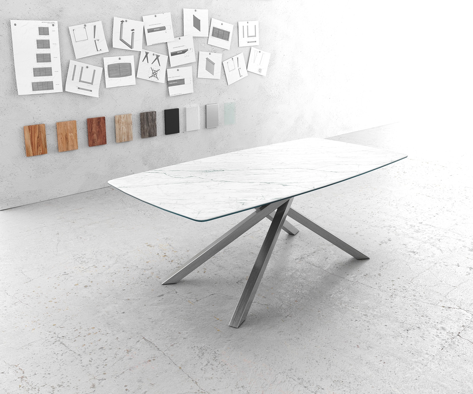 Esstisch Edge Bootsform 200x100cm Keramik Laminam®Statuarietto Weiß Kreuzgestell Rechteck Edelstahl Esstisch Edge Bootsform 200x100cm Keramik Laminam®Statuarietto Weiß Kreuzgestell Rechteck Edelstahl