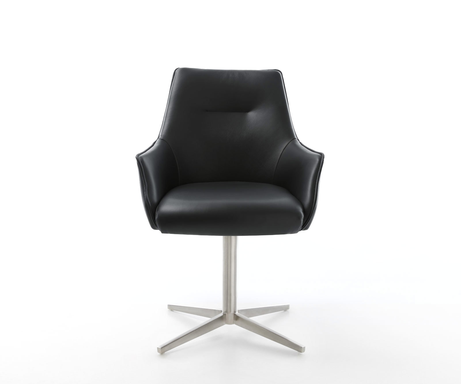 Chaise-pivotante Alja-Flex avec accoudoirs cuir de vache noir pied de chaise 4 branches acier inoxydable brossé pivotement sur 360° ressorts ensachés 1 Chaise-pivotante Alja-Flex avec accoudoirs cuir de vache noir pied de chaise 4 branches acier inoxydable brossé pivotement sur 360° ressorts ensachés 1