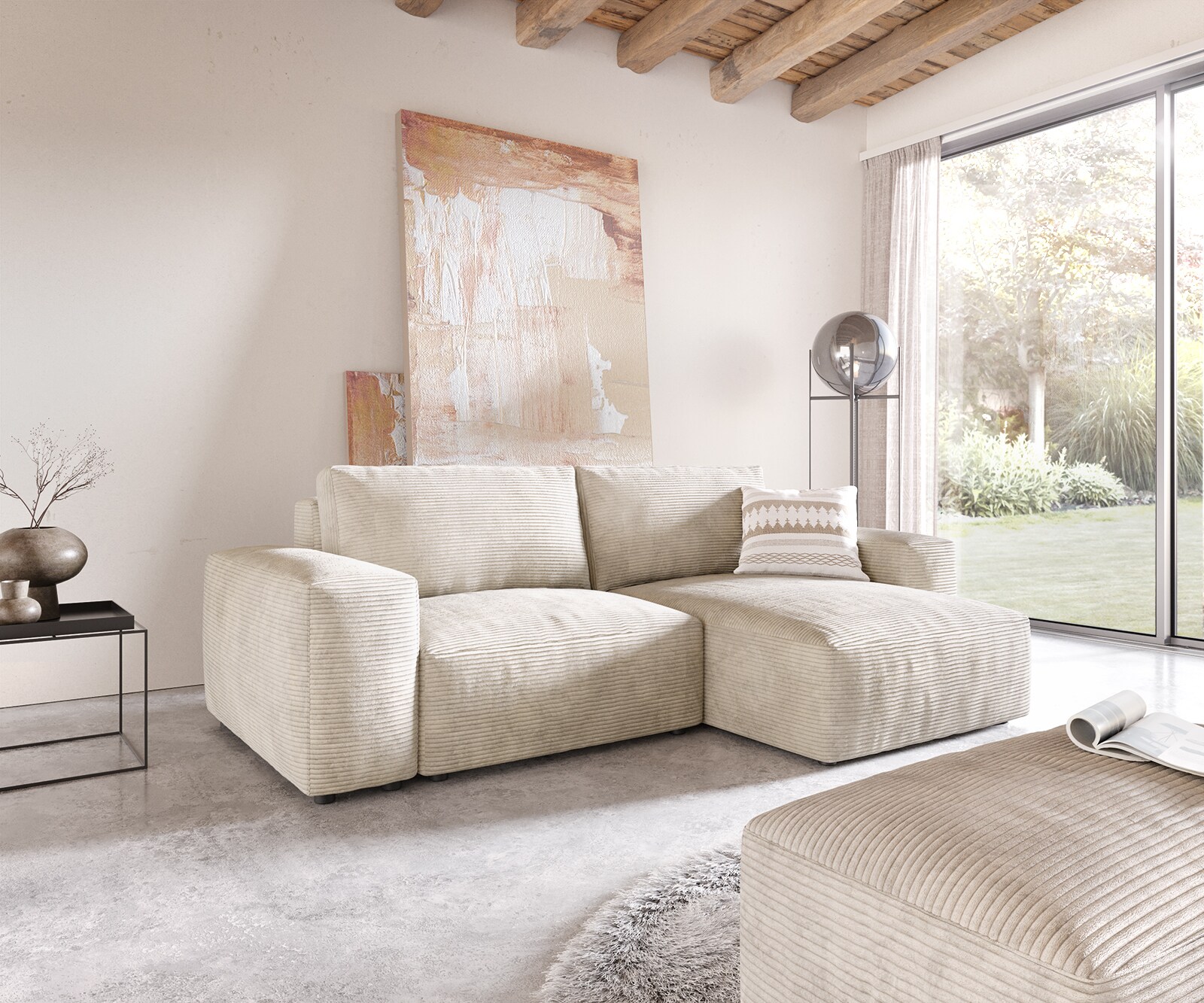 Canapé d’angle Lanzo 230x155 cm velours côtelé beige méridienne réversible avec pouf