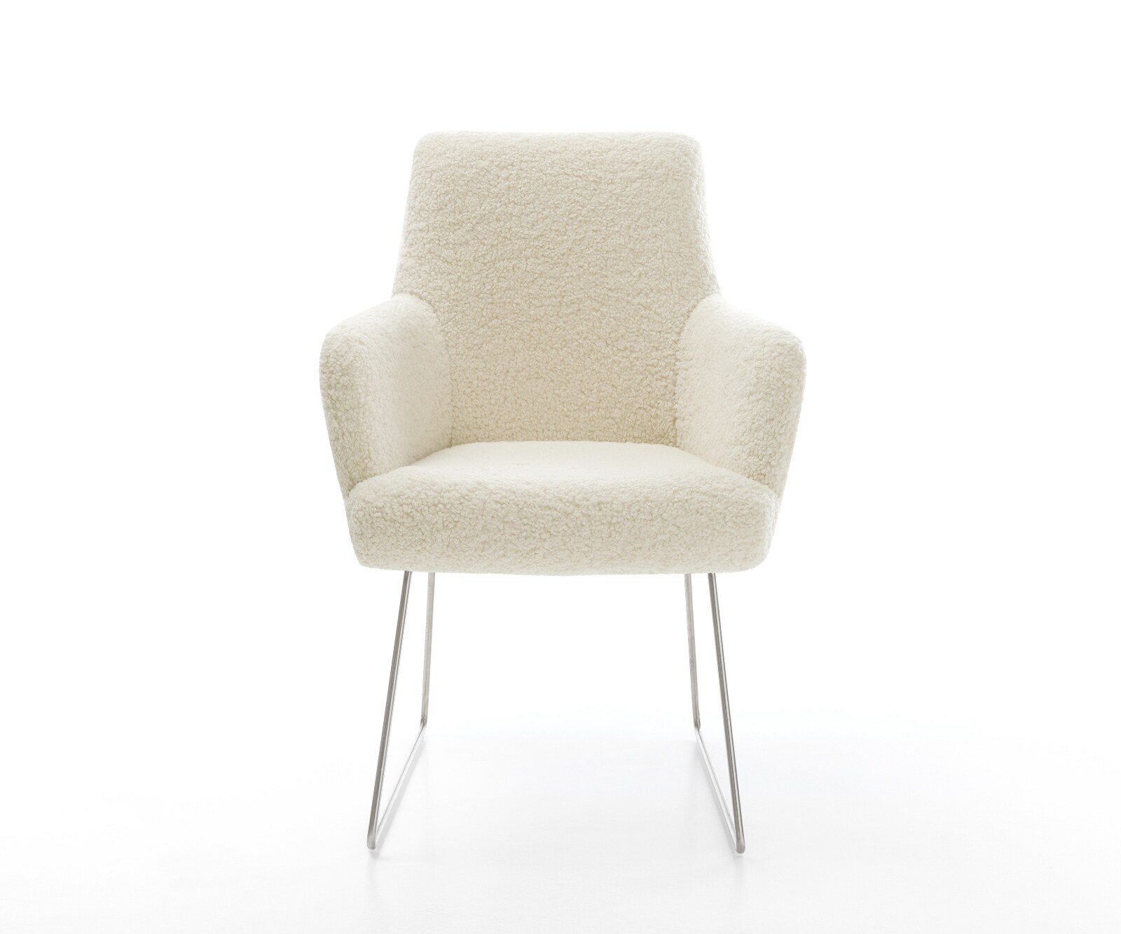 Esszimmerstuhl Heira-Flex mit Armlehnen Teddystoff Beige Kufengestell Edelstahl Taschenfederkern 1