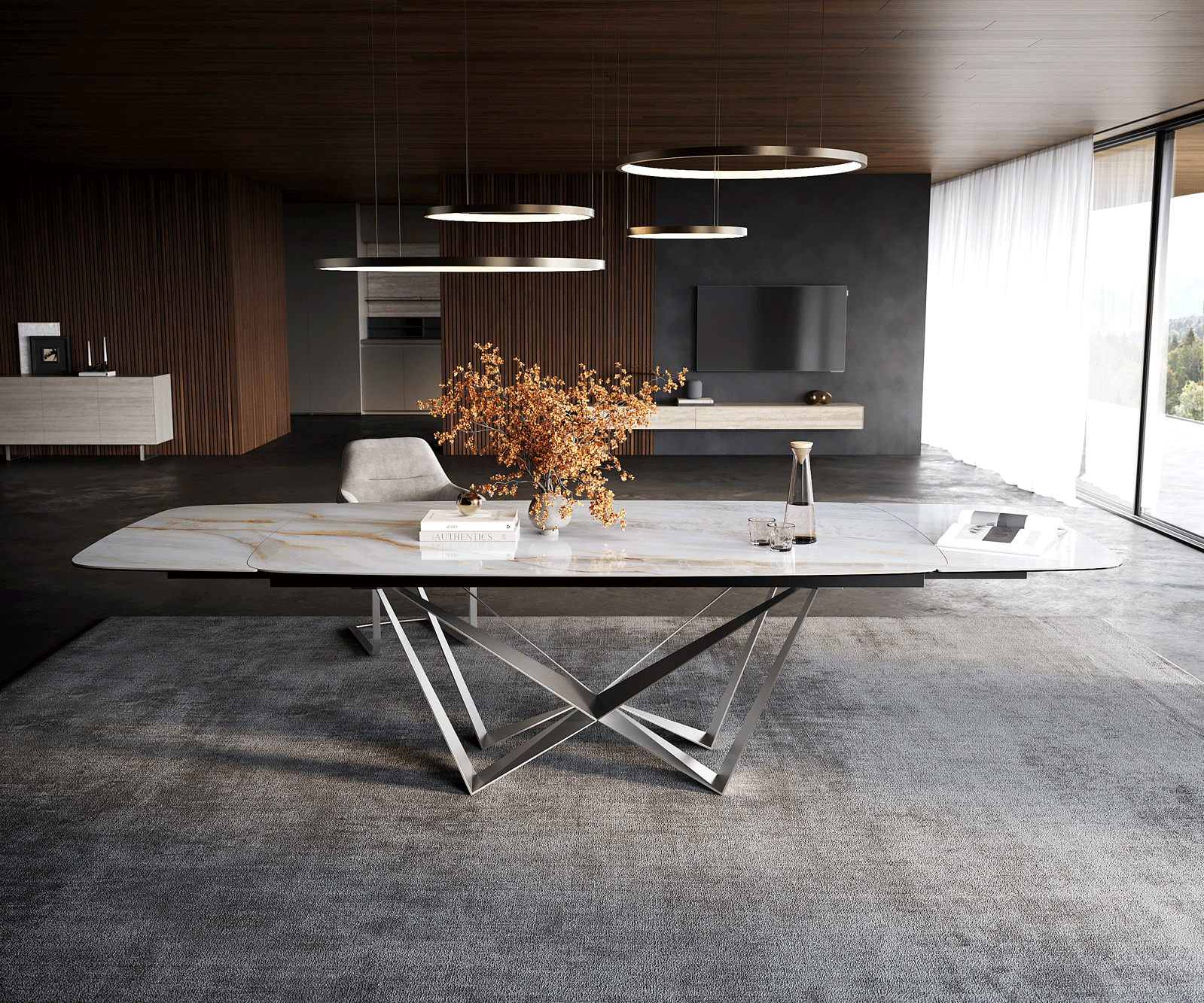 Esstisch Edge Boot 200-300x120 cm Keramik Onyx Pearl Spider Flachstahl Edelstahl ausziehbar 1