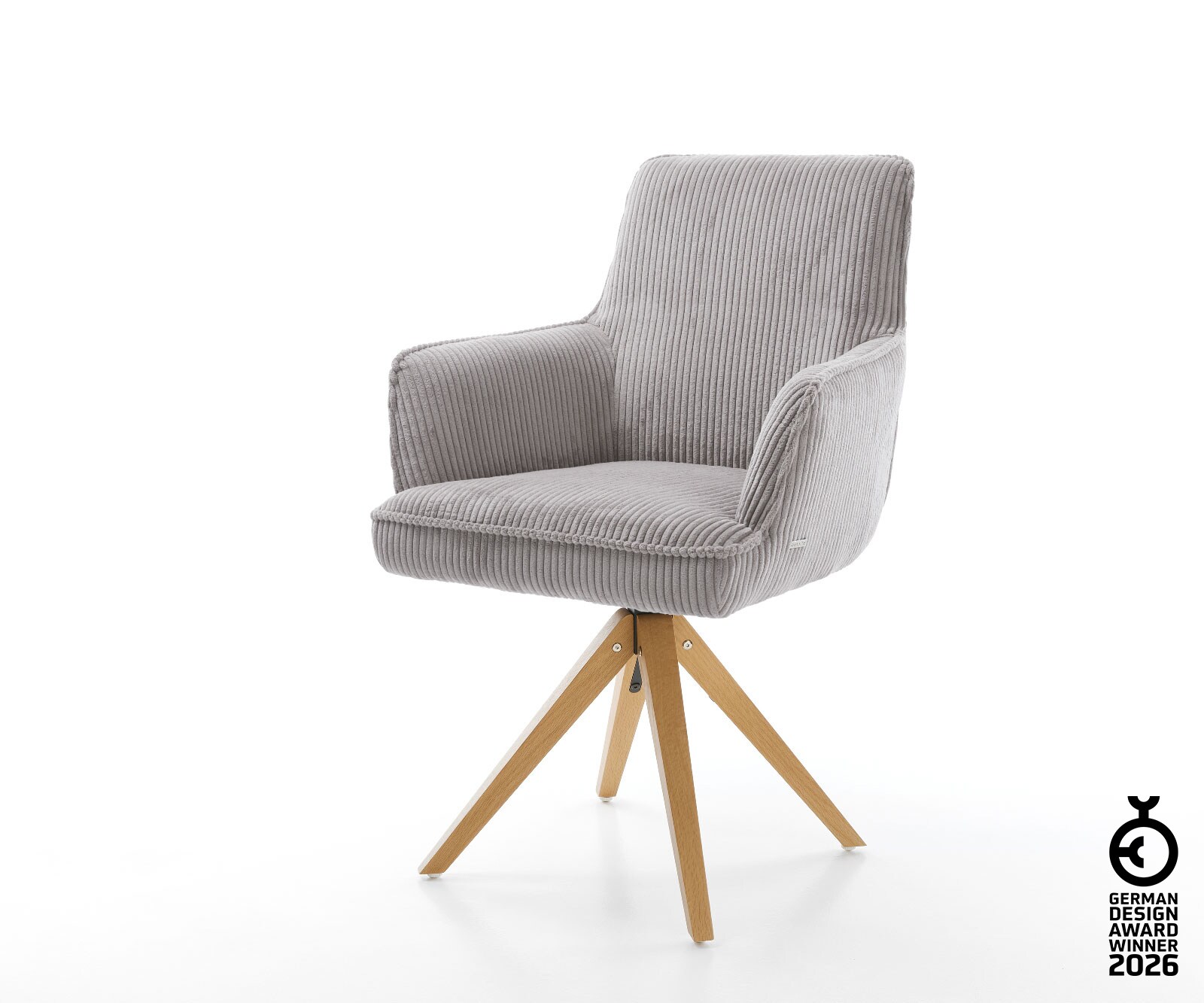 Chaise-pivotante Heira-Flex avec accoudoirs côtelé gris argenté pied en bois angulaire naturel pivotement sur 180° ressorts ensachés