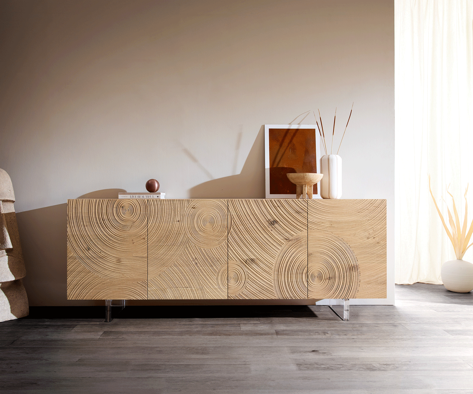 Sideboard Ashara 200 cm Eiche Natur 3D Effekt 4 Türen Fuß Schwebeoptik Acrylglas 4