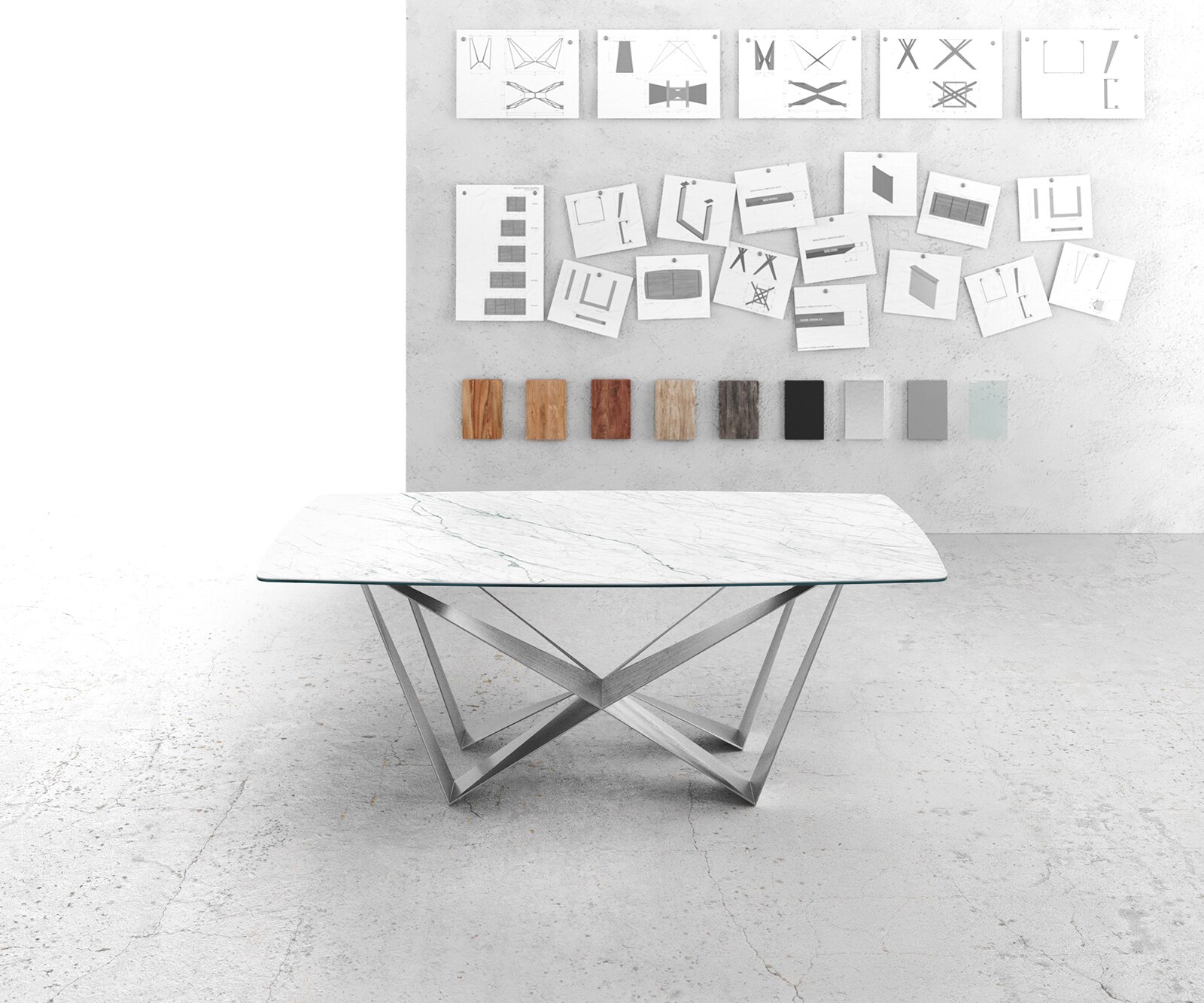 Table-à-manger Edge forme Boot 200x100cm Laminam® céramique blanc pieds milieu acier plat argent 2