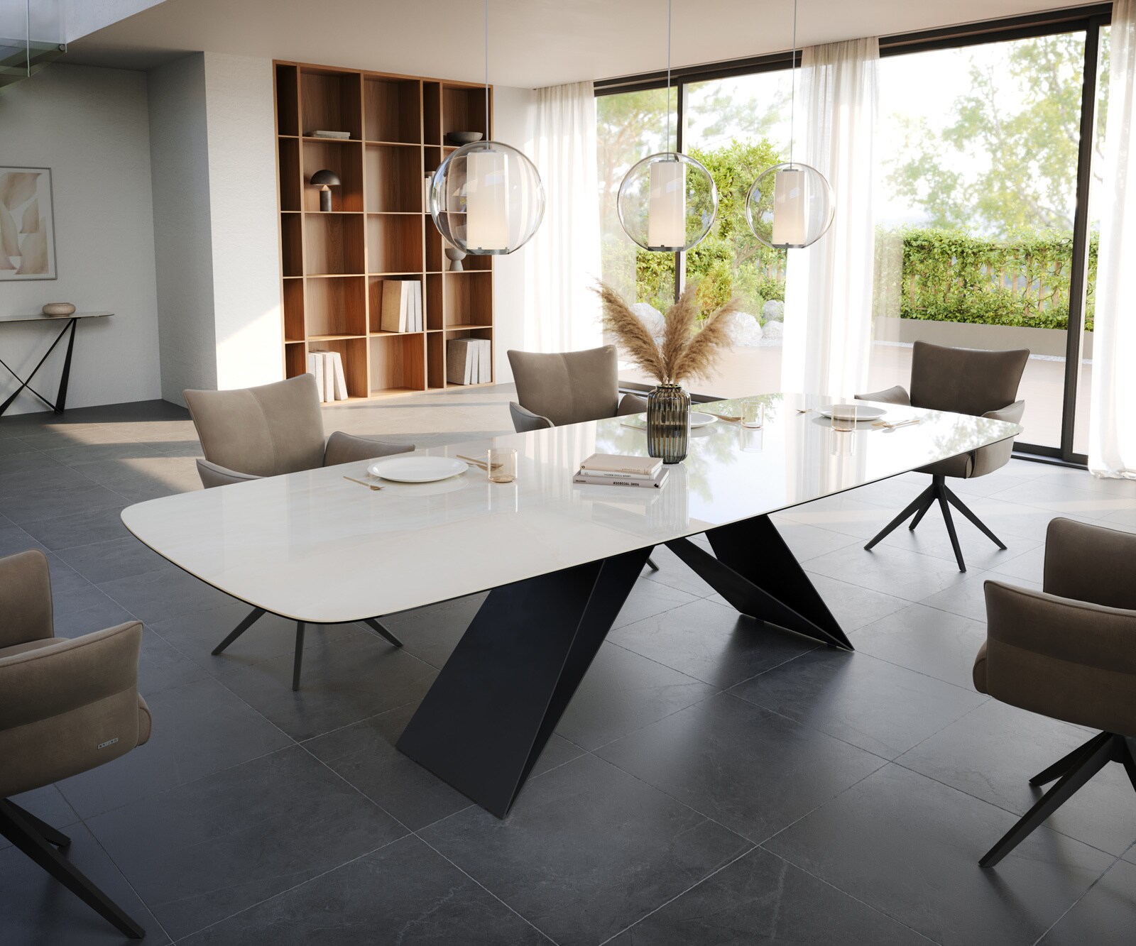Table à manger Edge Boot 300x120 cm Céramique Onyx Champagne piètement en V Acier plat Noir 1