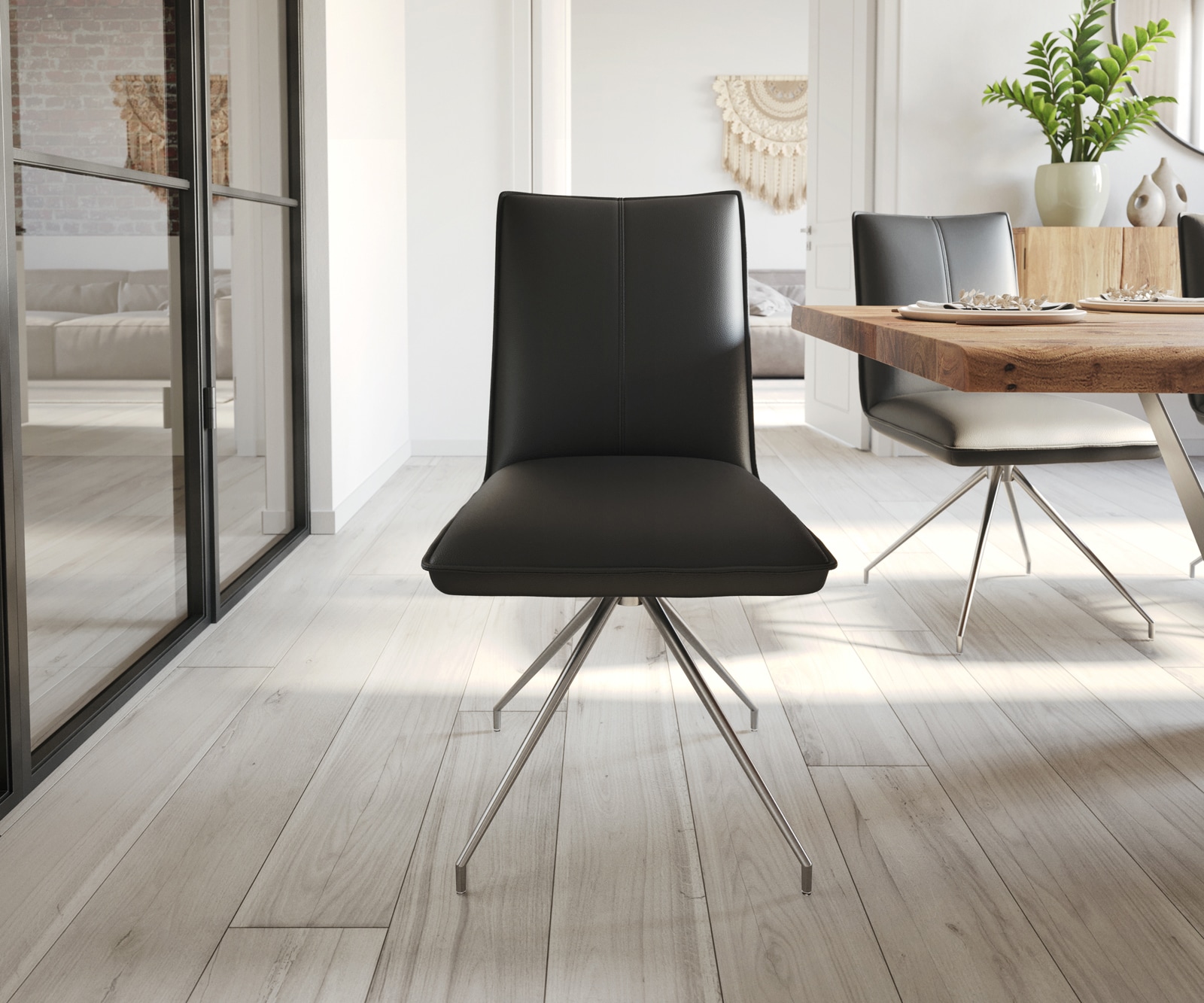 Chaise-de-salle-à-manger Lelio-Flex cuir de vache noir pied croisé conique acier inoxydable brossé ressorts ensachés 1