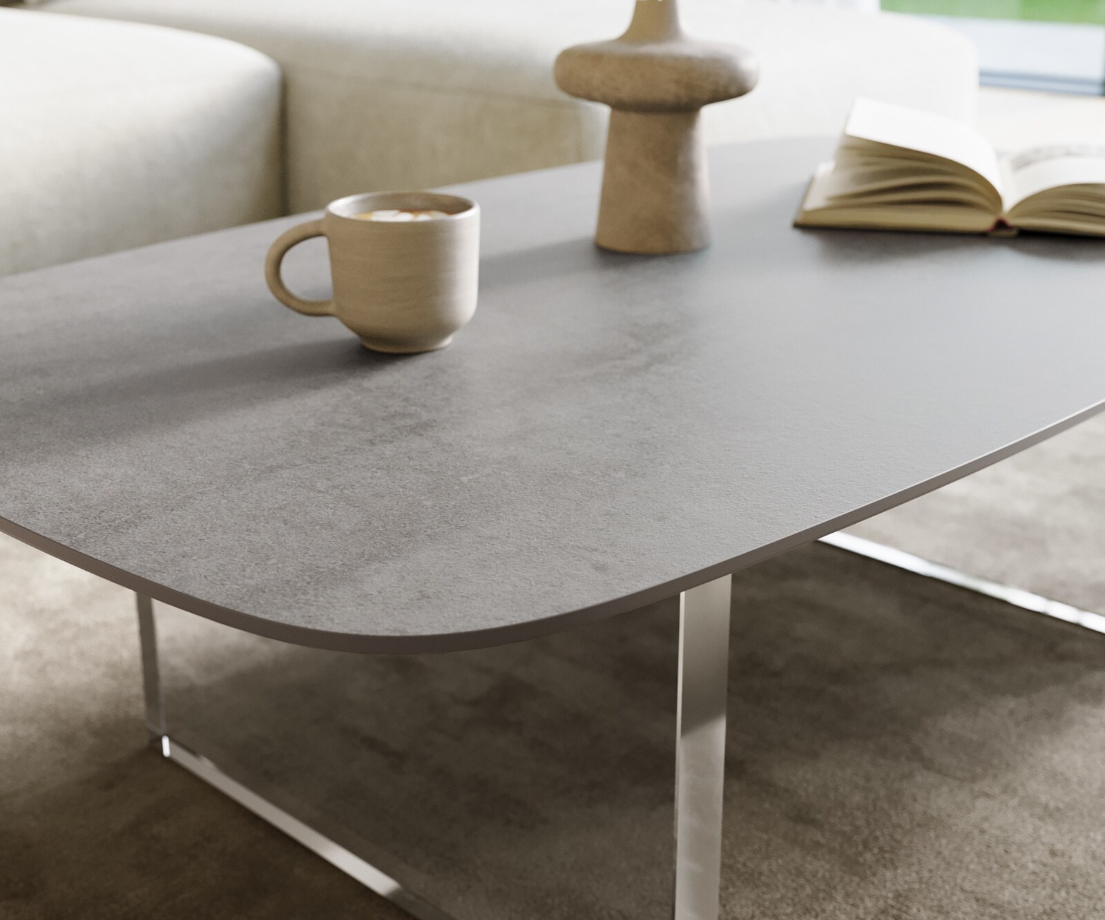 Table basse Edge forme bateau 120x70 cm céramique béton gris Lumia acrylique 5