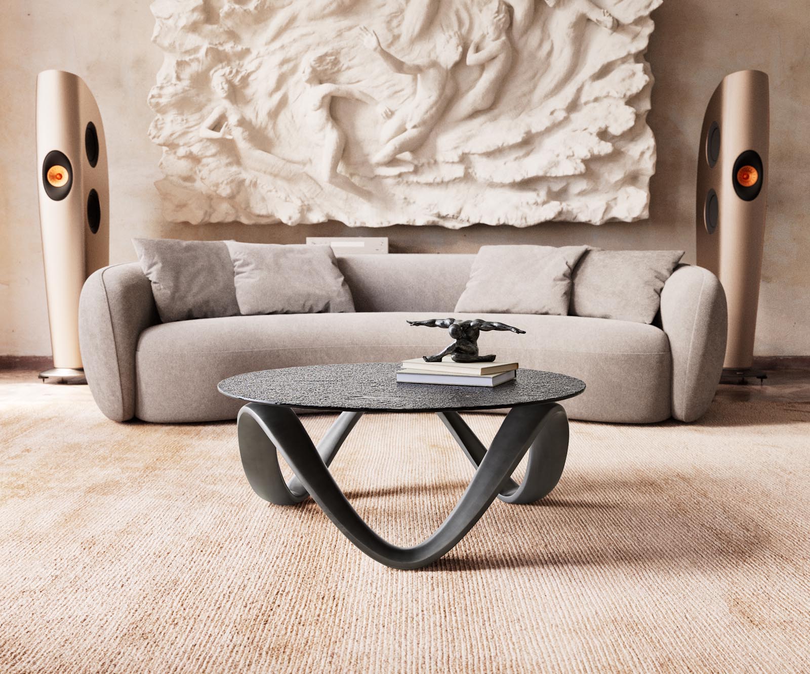 Couchtisch Tanju 90x90 cm Metallic Silber mit Reliefglas Grau 1