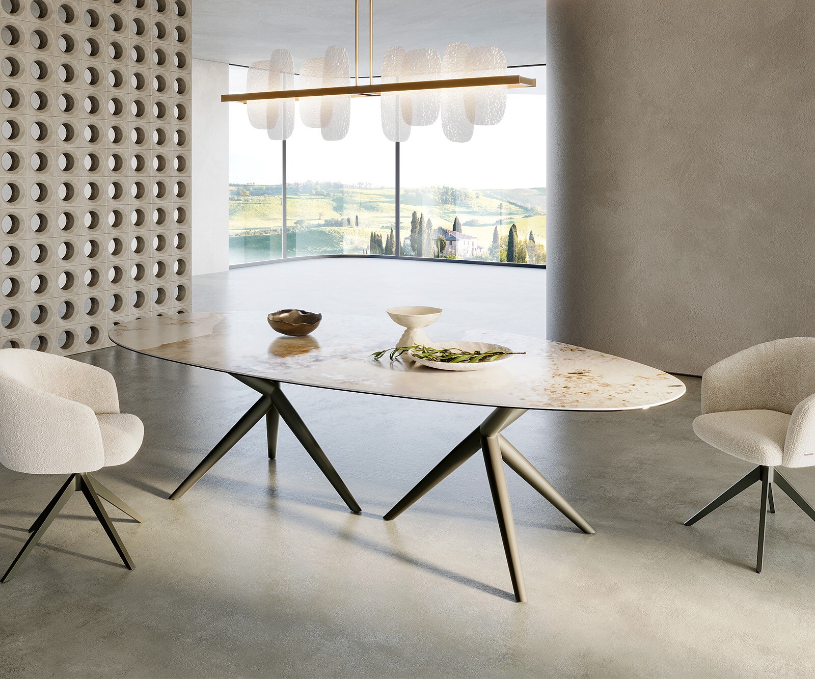 Esstisch Edge Oval 280x130 Keramik Minas Melange Weiß-Beige Estelar rund Metall Effektfinish Titan 6