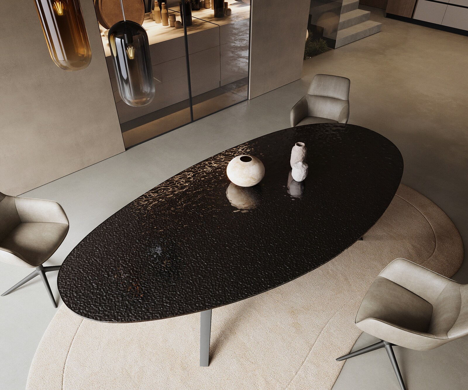 Esstisch Edge Oval 280x130 Reliefglas Rauchschwarz 3D-Design Zenthara kantig Metall Schwarz 3