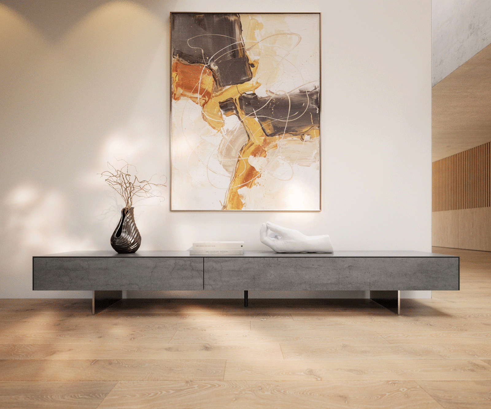 Meuble-TV Cuor 250 cm Céramique Béton gris 1 Clapet 1 Tiroir Pied optique flottant Ancier inoxydable 2