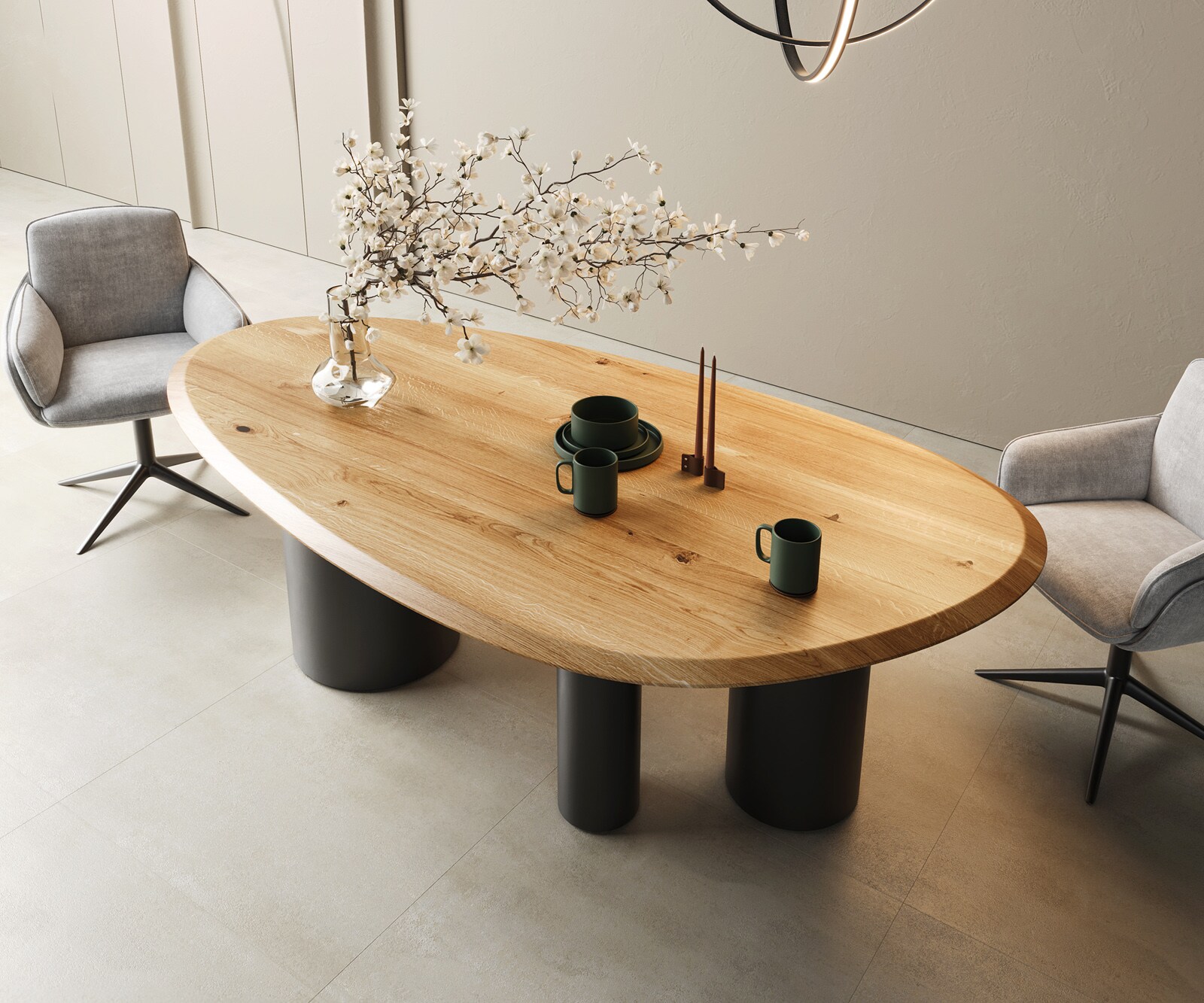 Esstisch Edge Oval 220x120x2,5 Eiche Natur Troa Metall Schwarz Flow-Edge
