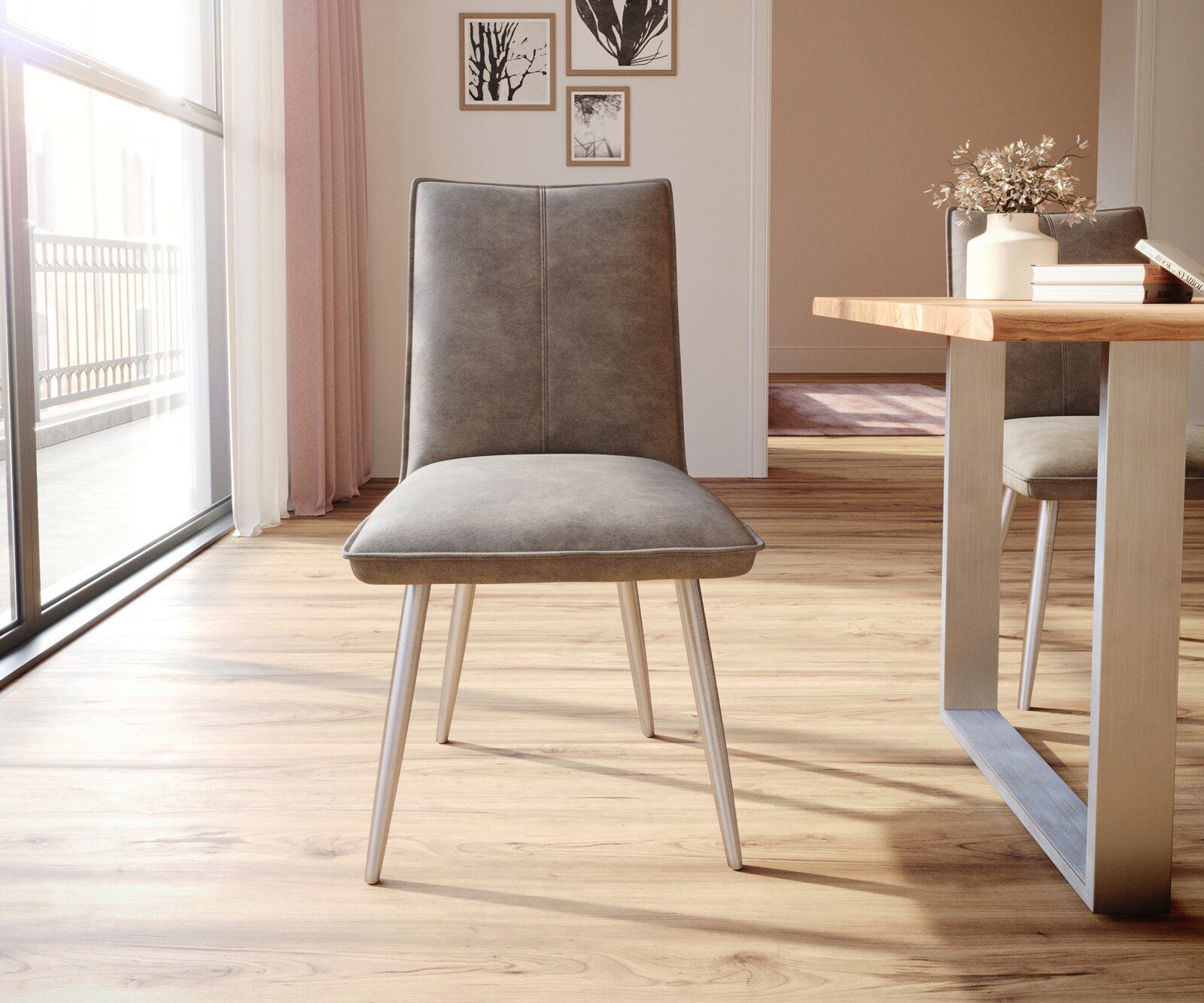 Esszimmerstuhl Lelio-Flex Mikrofaser Taupe Vintage 4-Fuß konisch Edelstahl Taschenfederkern 2