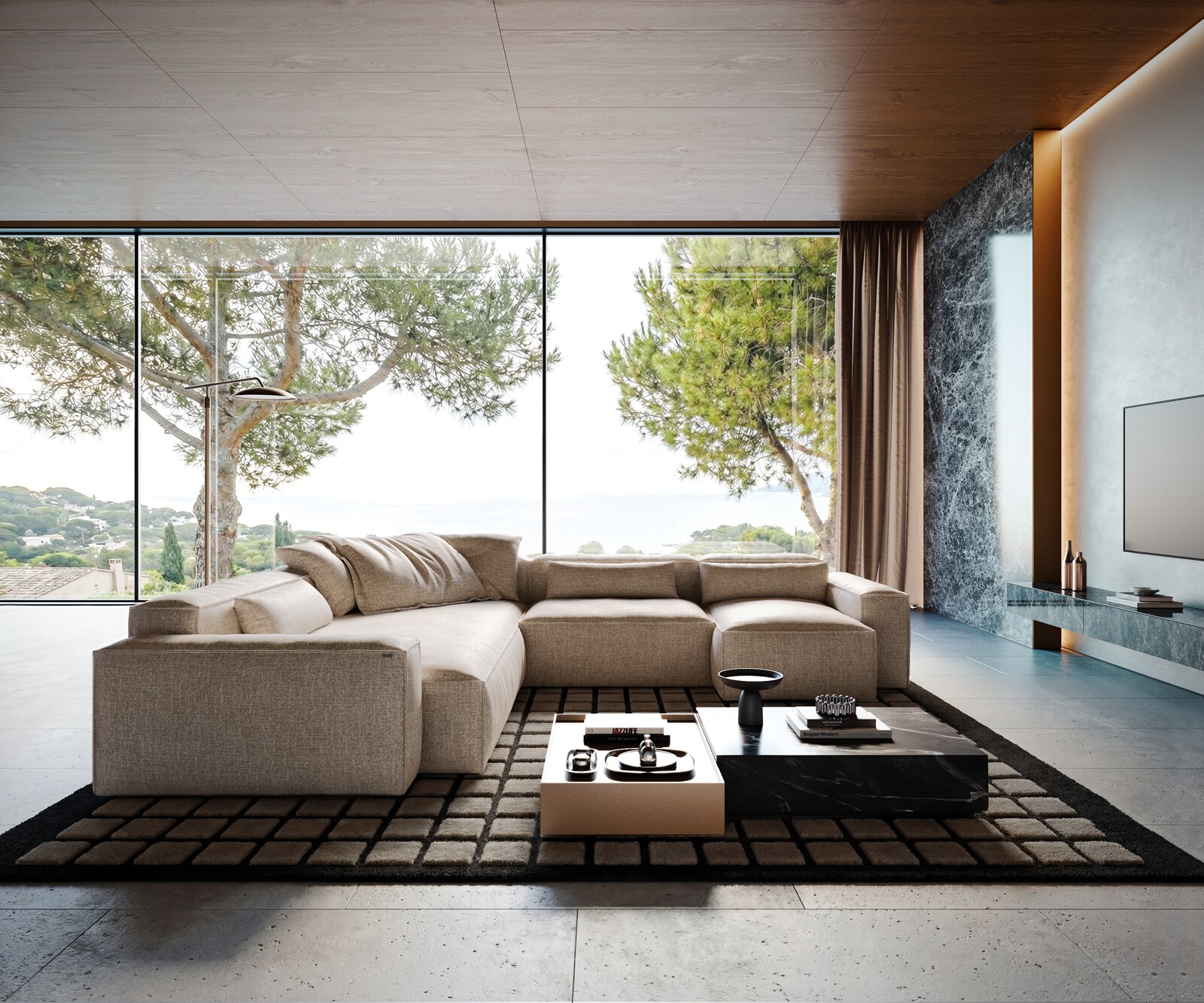 Canapé panoramique Freestyle 360x290 cm Tissu tissé doux Beige couture passepoilée 4