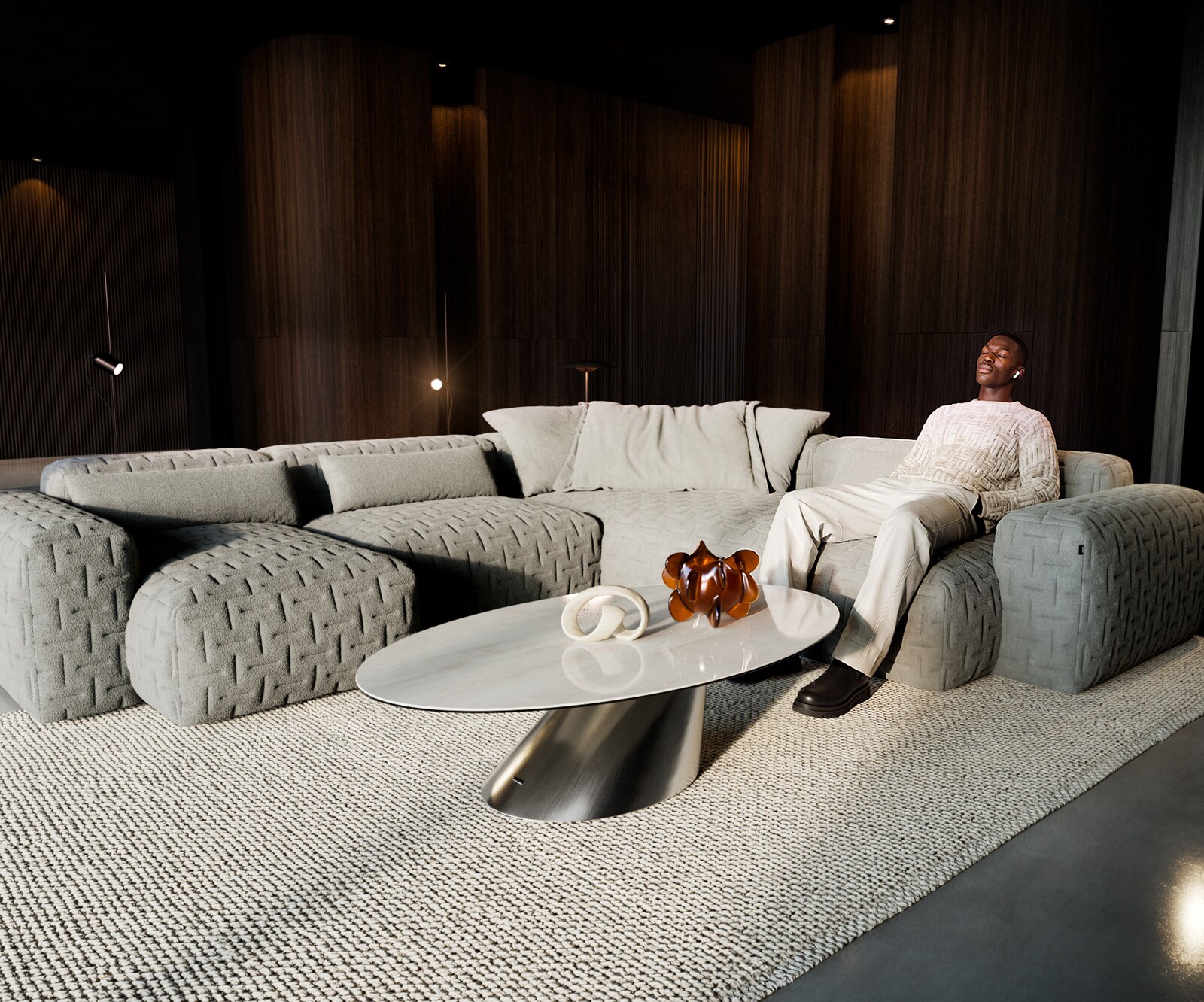 Table basse Edge ovale 140x80 cm céramique Onyx Champagne Conis acier inoxydable brossé 6