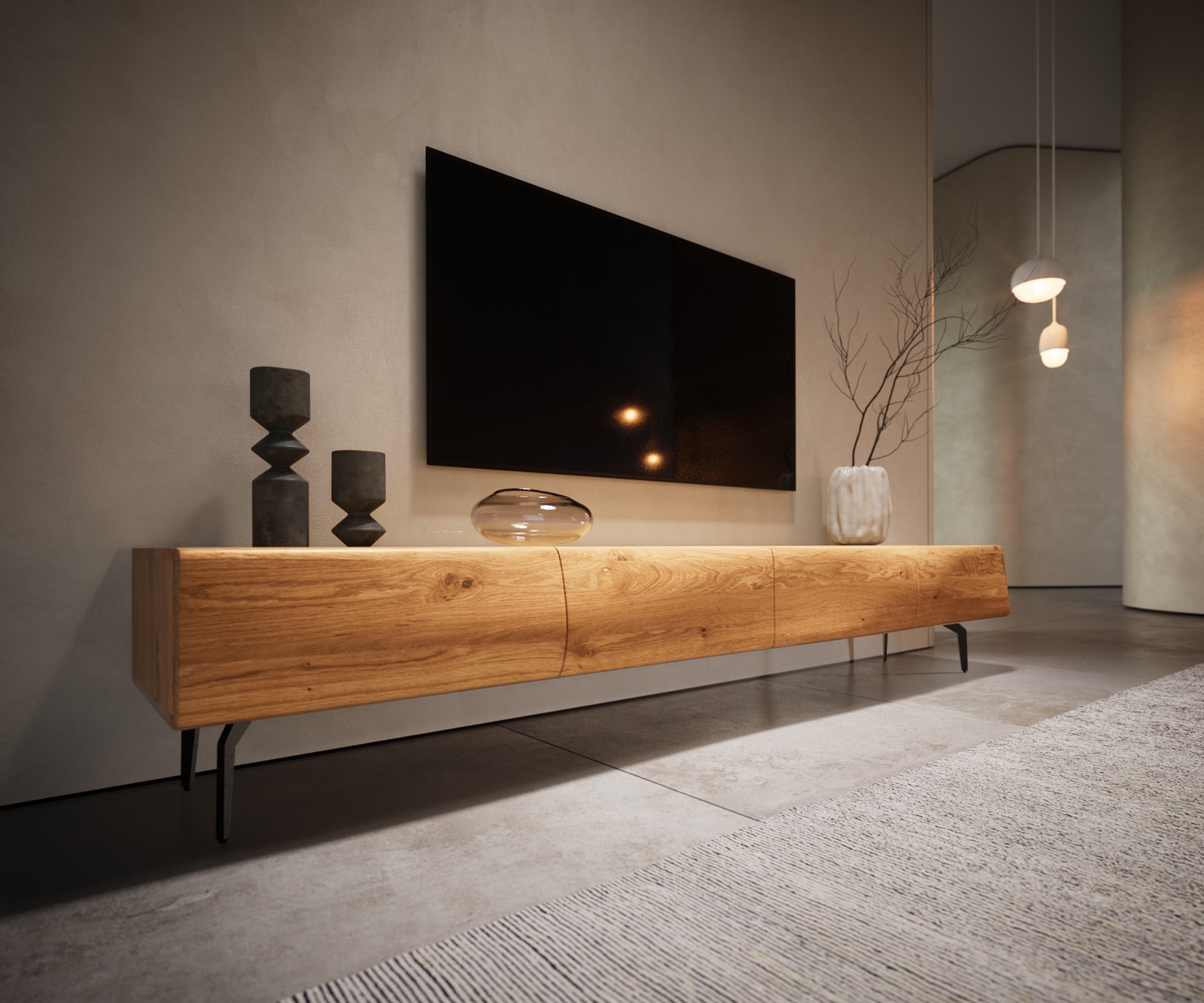 Meuble TV New Live-Edge 200 cm chêne naturel 4 portes pied équerre métal noir 4 Meuble TV New Live-Edge 200 cm chêne naturel 4 portes pied équerre métal noir 4