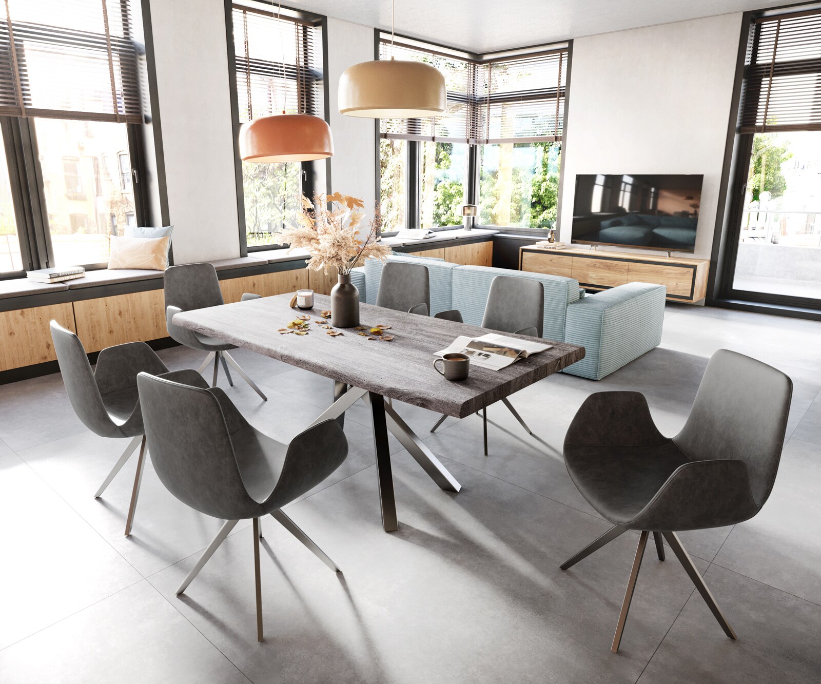 Esszimmerstuhl Ilia-Flex mit Armlehnen Mikrofaser Anthrazit Vintage Kreuzgestell kantig Edelstahl 4 Esszimmerstuhl Ilia-Flex mit Armlehnen Mikrofaser Anthrazit Vintage Kreuzgestell kantig Edelstahl 4