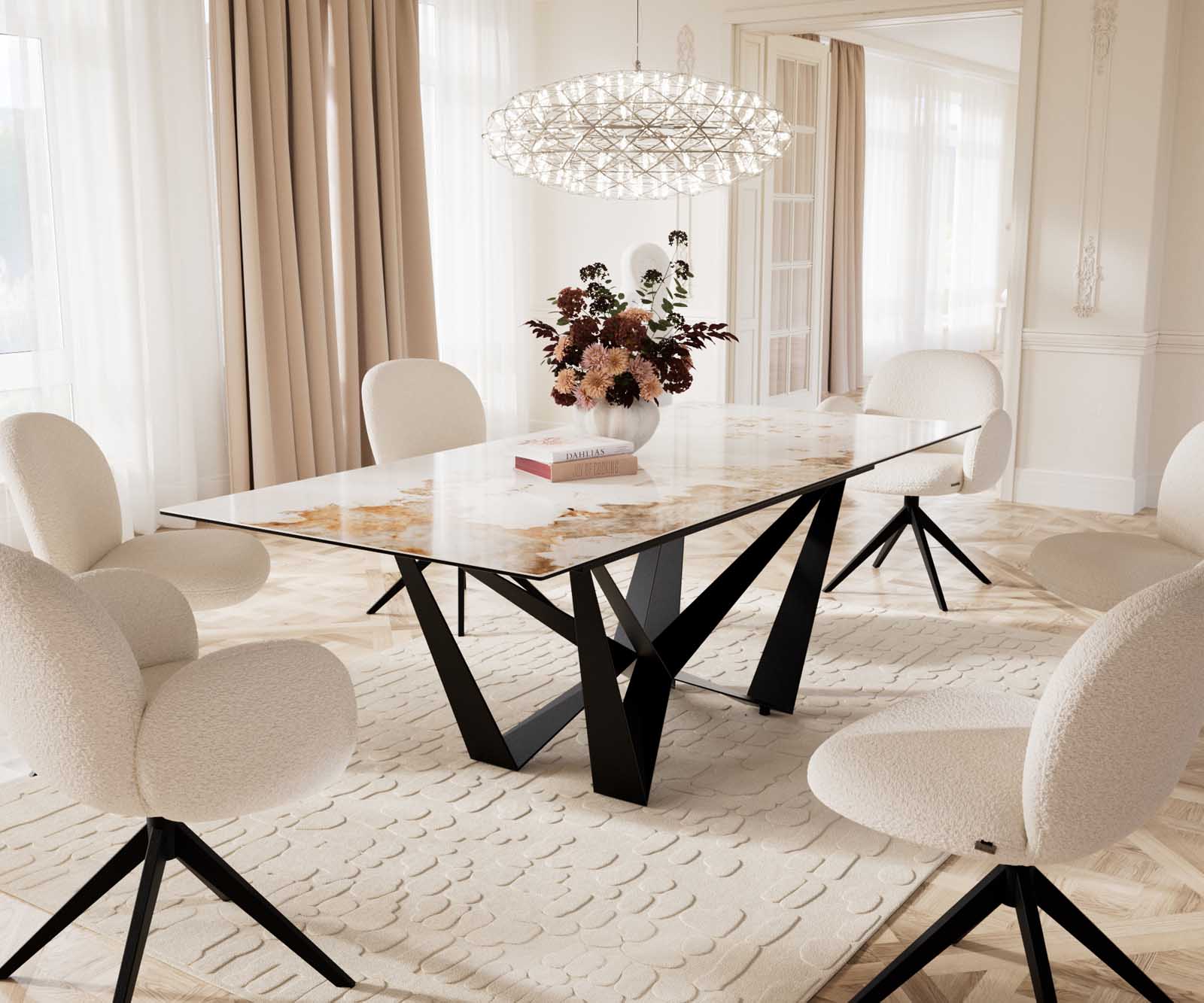 Esstisch Edge 180-220x100 Keramik Minas Melange Weiß-Beige Spider Flachstahl Schwarz ausziehbar 9