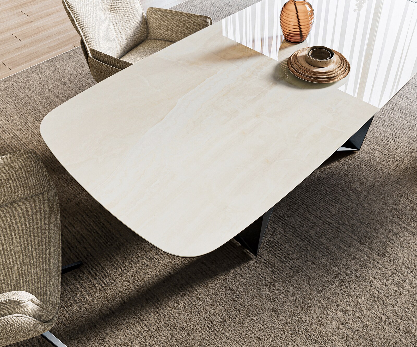 Esstisch Edge Boot 200x100 cm Keramik Onyx Champagne Spider Flachstahl Schwarz 3