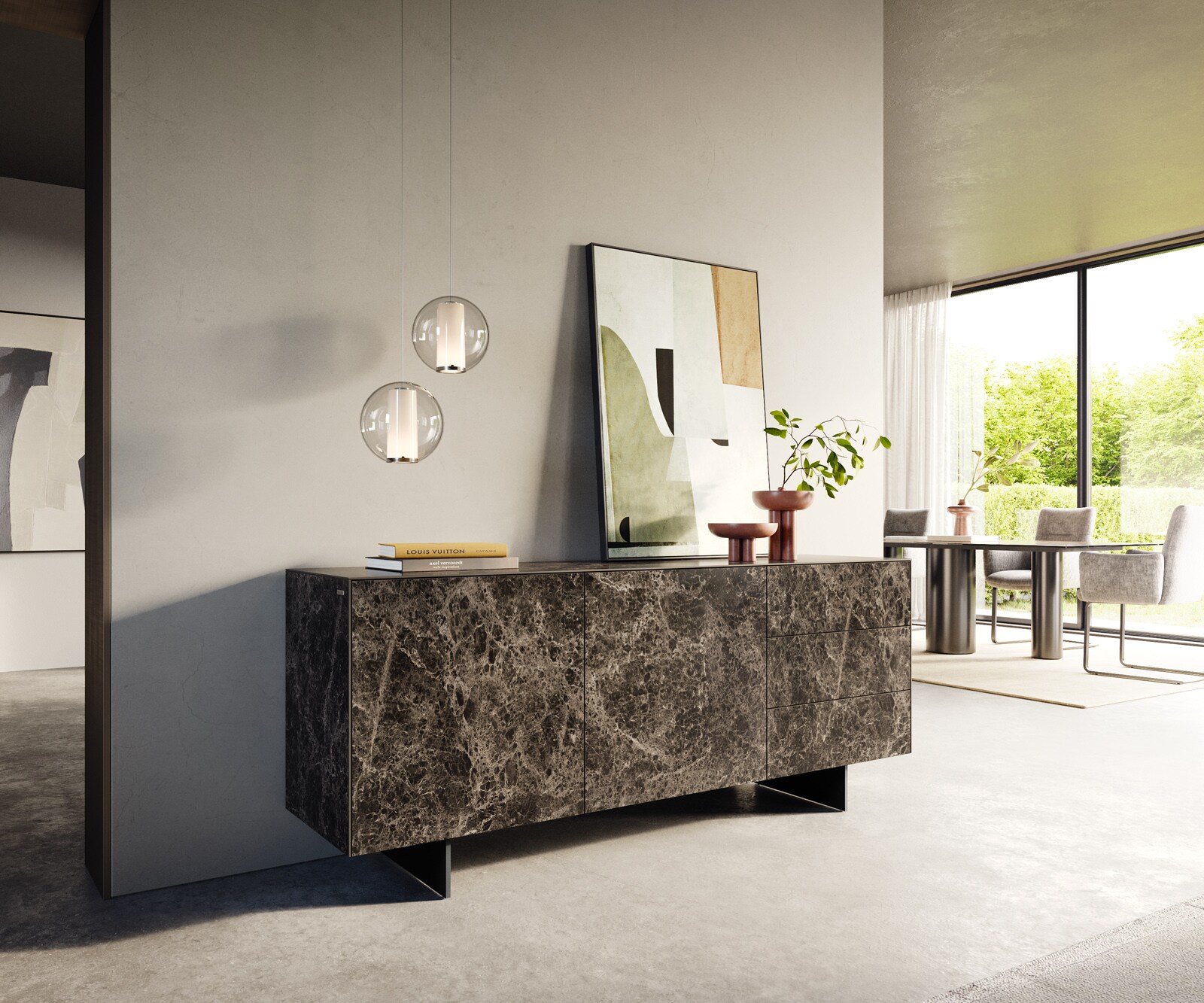 Sideboard Cuor 180 cm Keramik Laminam® Emperador Extra Lucidato Dunkelbraun 2 Türen 3 Schubfächer Fuß Schwebeoptik Metall Schwarz 1
