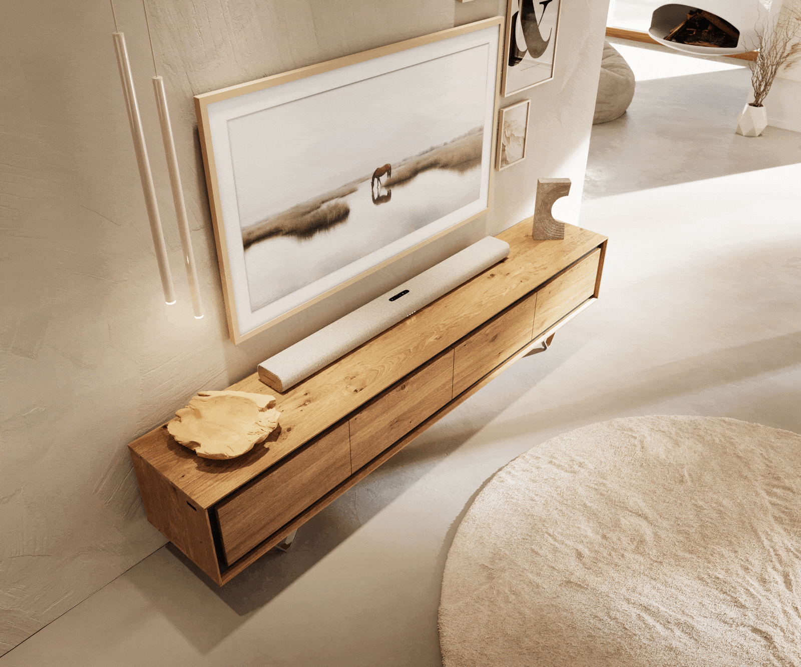 Meuble-TV Stonegrace 200 cm chêne naturel 4 portes placage pierre pied en V inoxydable 3