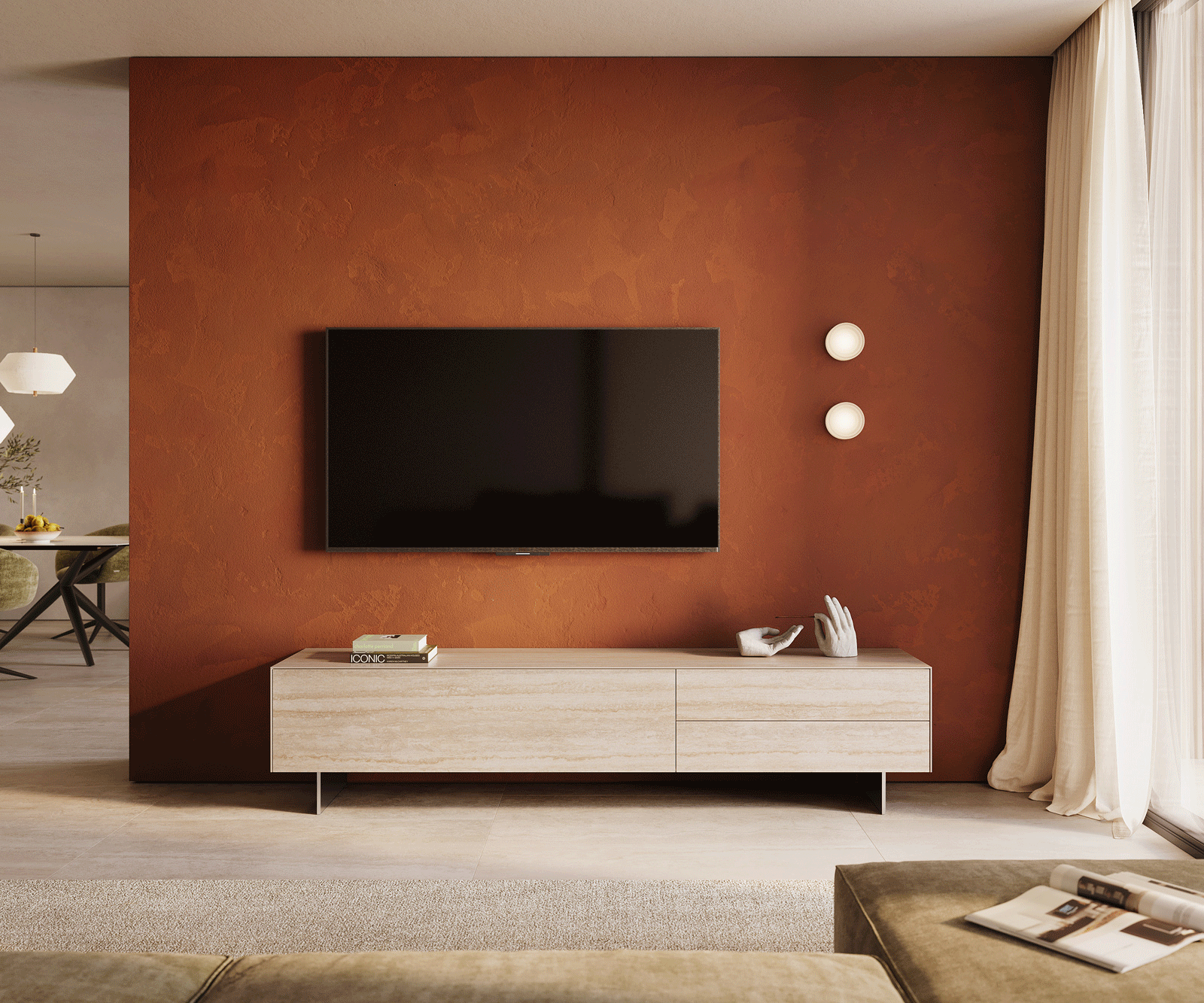 Lowboard Cuor 220 cm Keramik Laminam® Travertino Bianco Creme-Weiß 1 Klappe 2 Schubfächer Fuß Schwebeoptik Edelstahl 1
