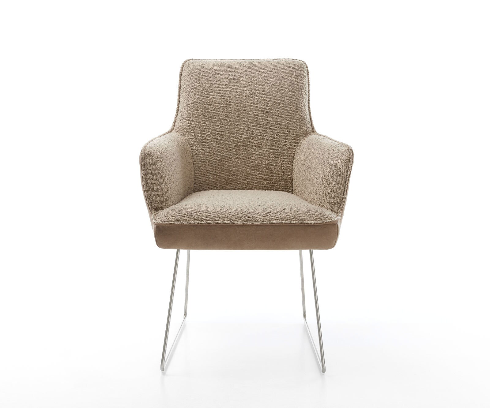 Chaise-de-salle-à-manger Heira-Flex avec accoudoirs tissu mixte couleur boue pied trapèze acier inoxydable brossé ressorts ensachés 2