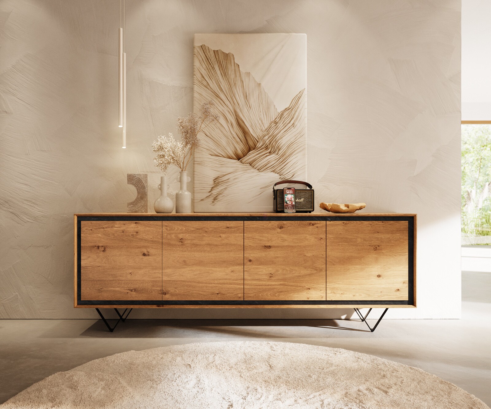 Buffet Stonegrace 200 cm chêne naturel 4 portes placage pierre pied en V métal noir 1