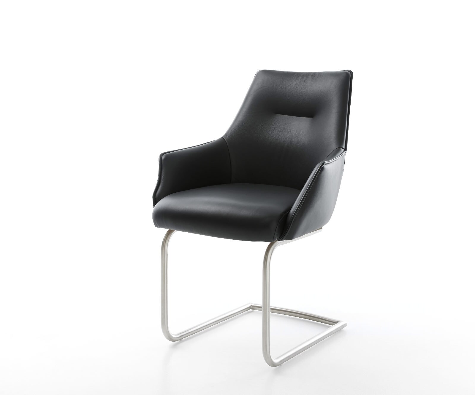 Cantilever Alja-Flex avec accoudoirs cuir de vache noir pied cantilever rond acier inoxydable brossé ressorts ensachés