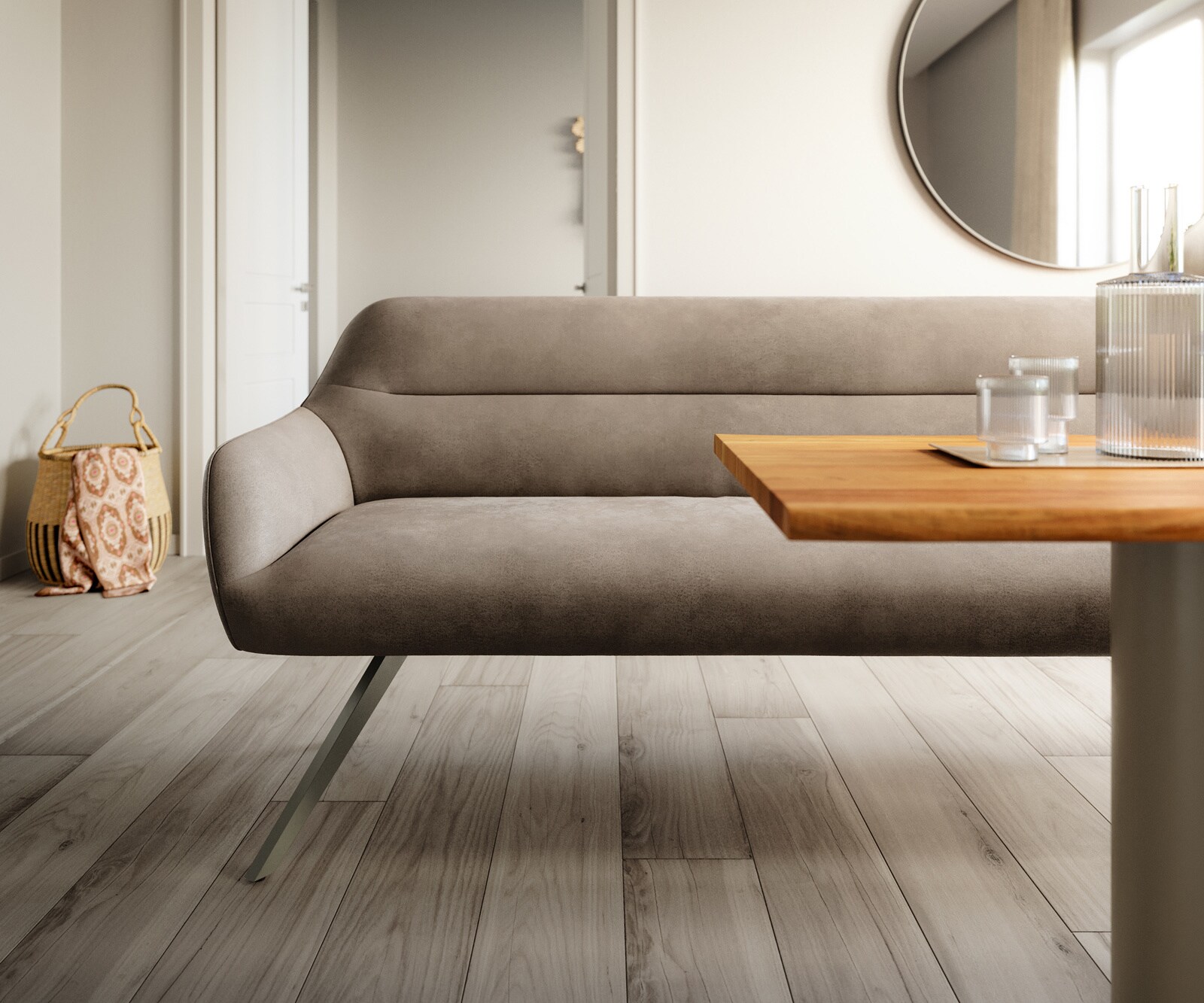 Banc-de-salle-à-manger Taya-Flex 200 cm microfibre taupe vintage pied croisé angulaire titane ressort ensaché 1