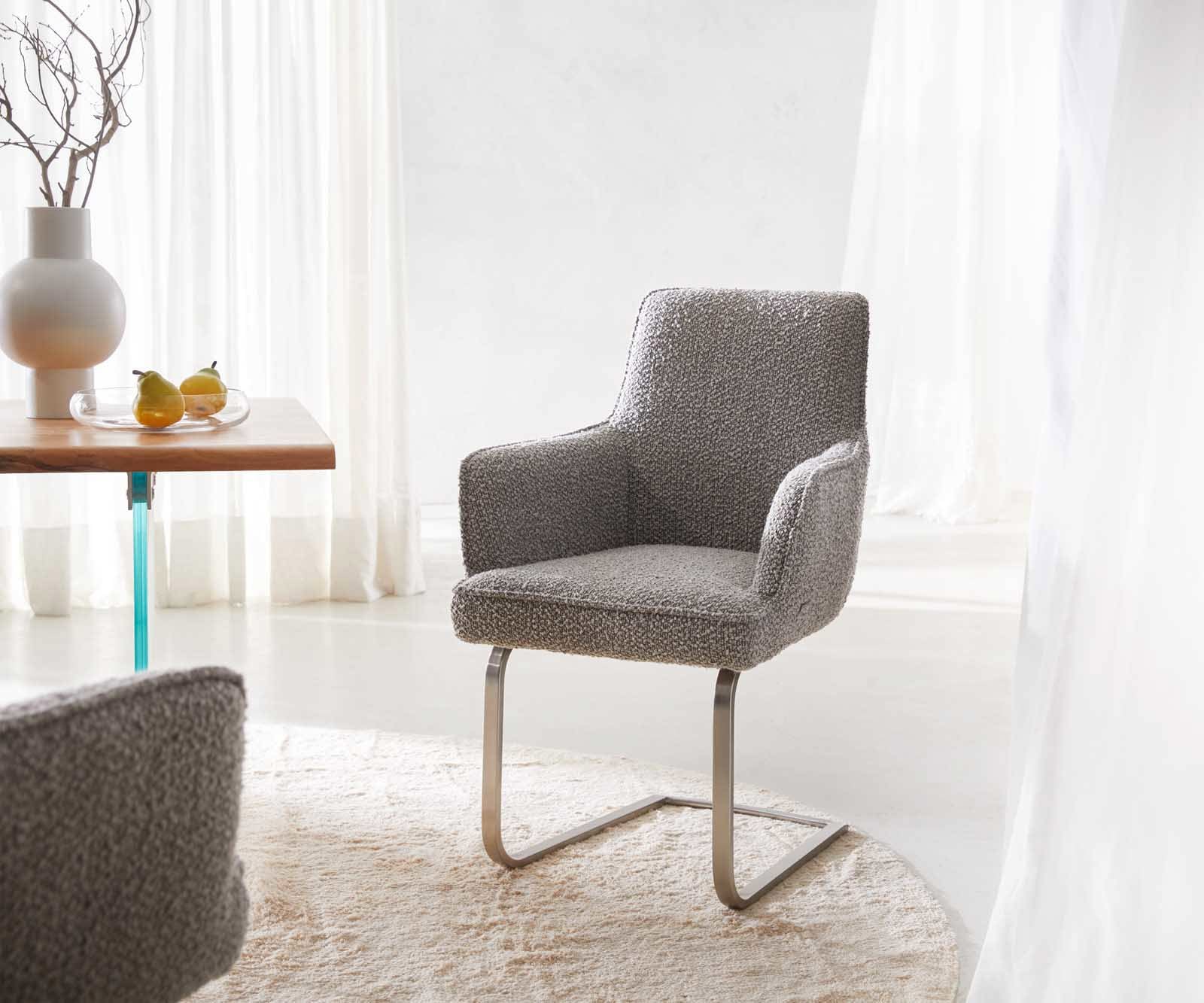 Freischwinger Heira-Flex mit Armlehnen Bouclé Silbergrau Freischwinger flach Edelstahl Taschenfederkern Freischwinger Heira-Flex mit Armlehnen Bouclé Silbergrau Freischwinger flach Edelstahl Taschenfederkern