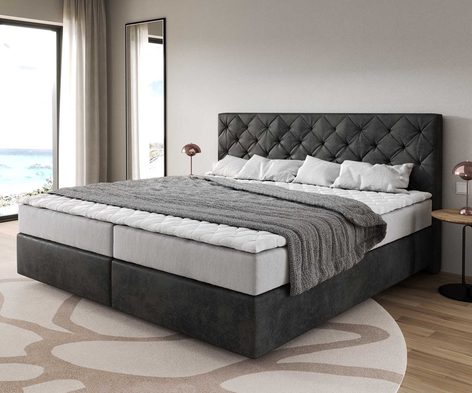 Lit à sommier tapissier Dream-Great Microfibre anthracite vintage 200x200 cm avec matelas à ressorts ensachés et surmatelas en mousse viscoélastique