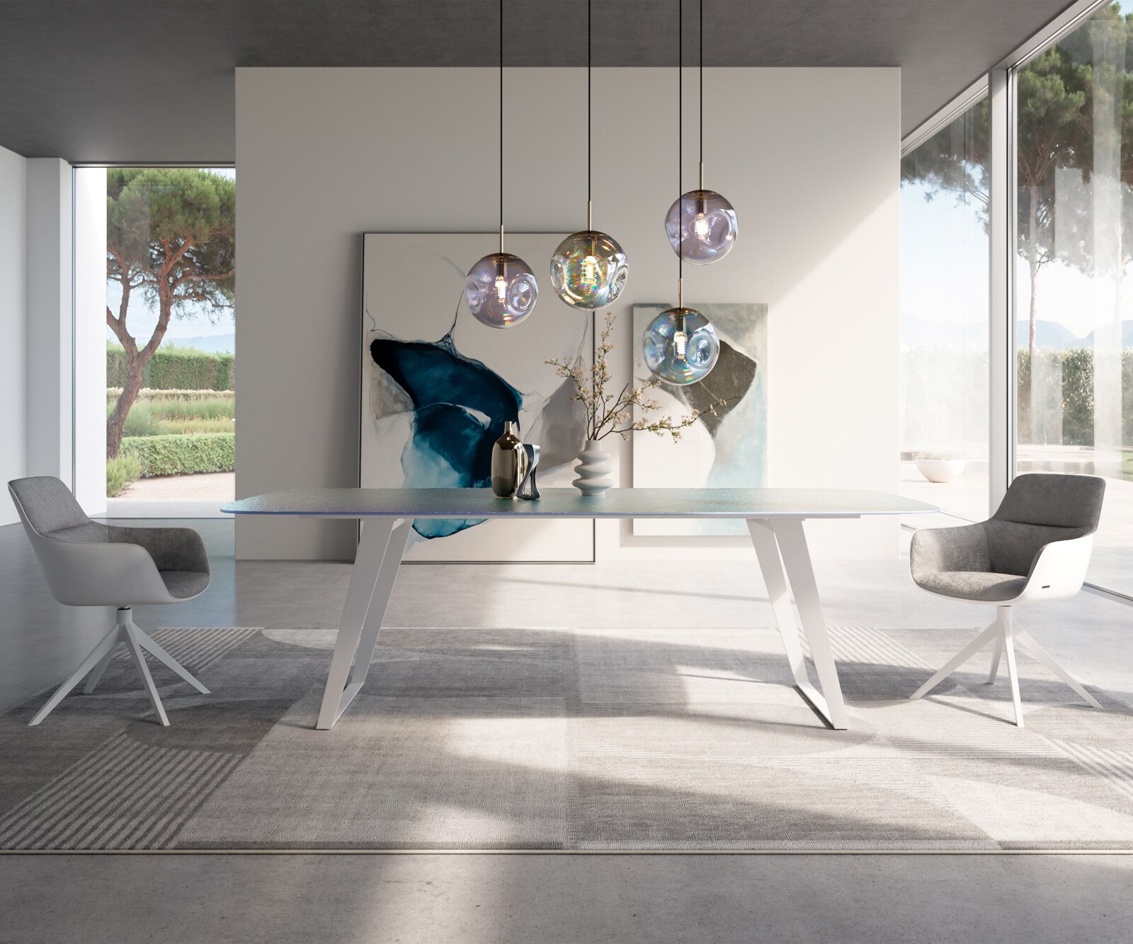 Table à manger Edge Boot 240x120 cm Reliefglas Nacre 3D-Design Métal Oblique Blanc 1